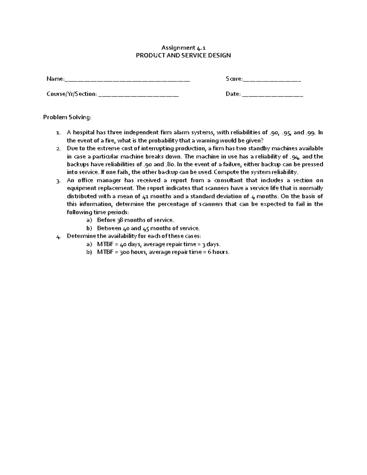 Assignment 4 - PRODUCT AND SERVICE DESIGN Name ...