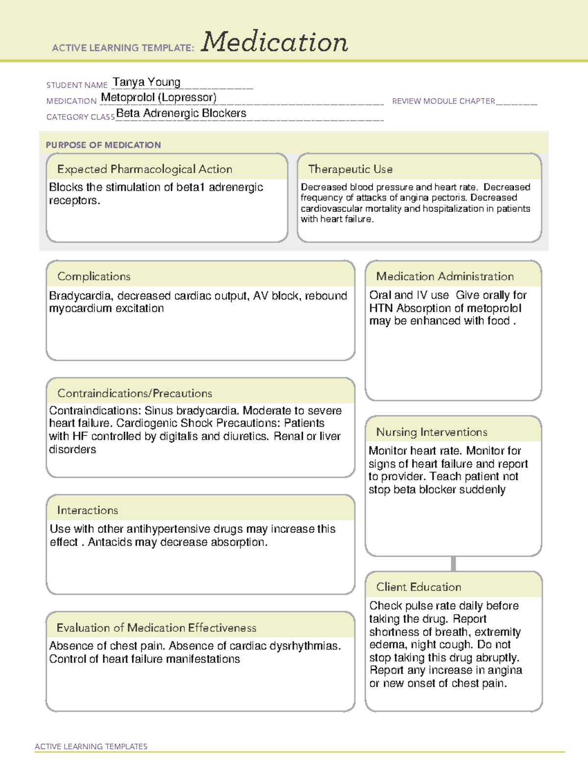 Metoprolol Lopressor ATI Medication Template ACTIVE LEARNING 