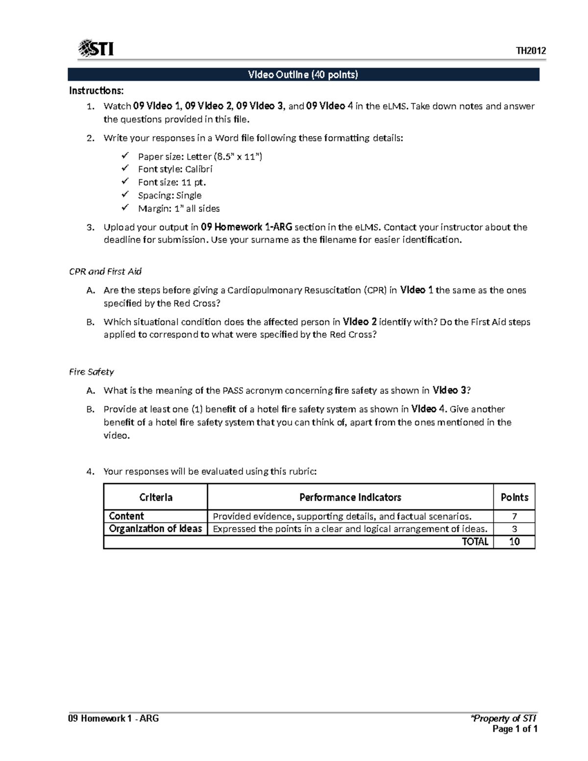 09 Homework 1 - ARG-converted - TH Video Outline (40 points ...