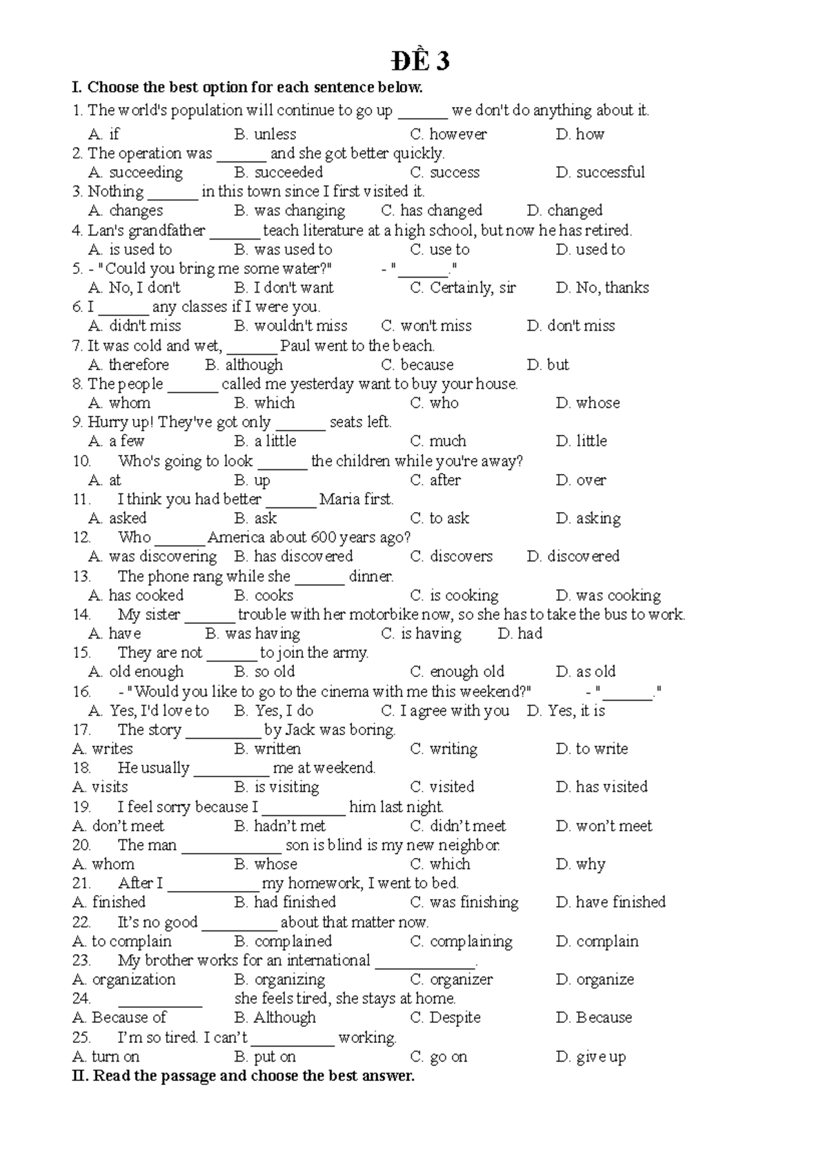 Exercise 13 - Bài tập tiếng anh - ĐỀ 3 I. Choose the best option for ...