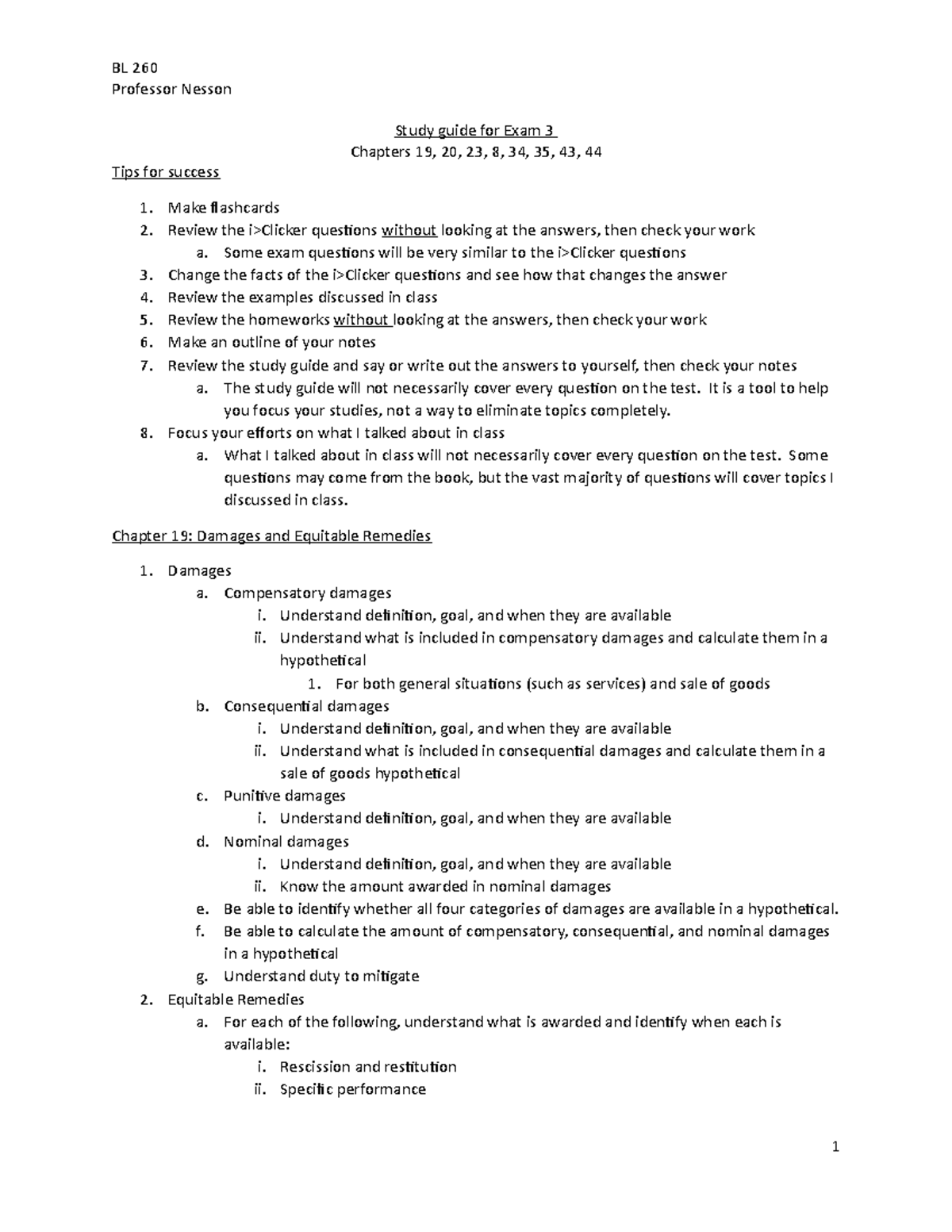 BL 260 Final Exam Study Guide - Professor Nesson Study guide for Exam 3 ...