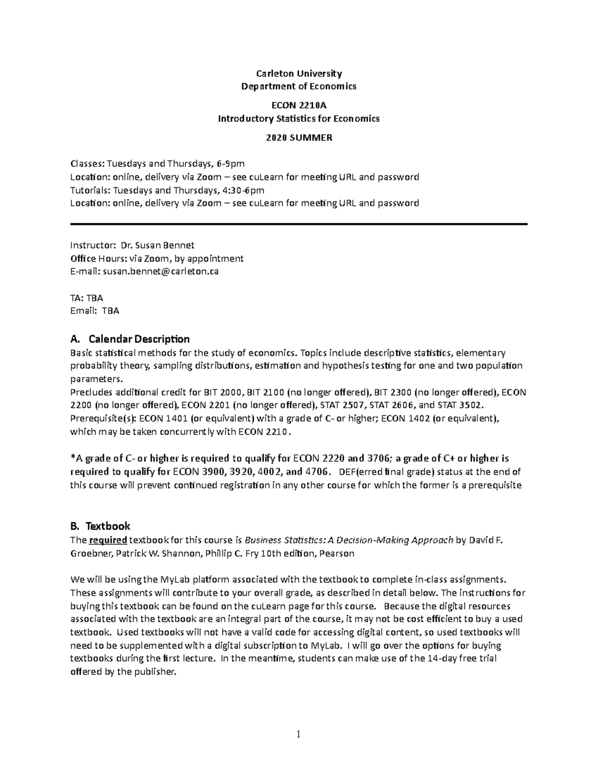 Course Outline - Carleton University Department Of Economics ECON 2210A ...