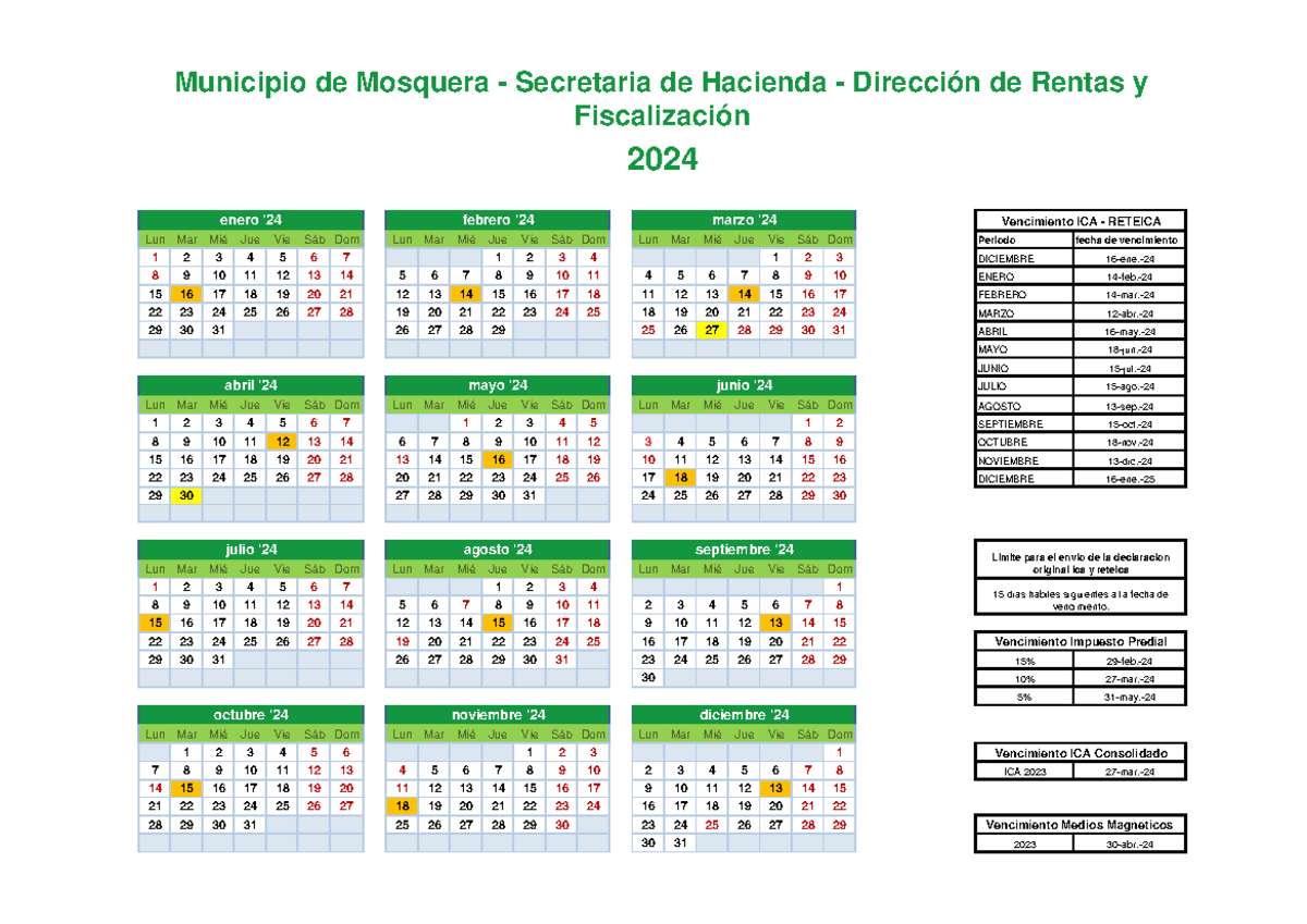 Calendario Tributario 2024 Mosquera Lun Mar Mié Jue Vie Sáb Dom Lun