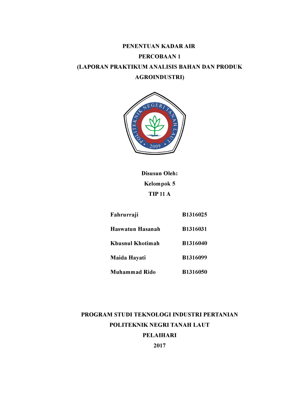 Penentuan Kadar Air 1 Laporan Praktikum Penentuan Kadar Air