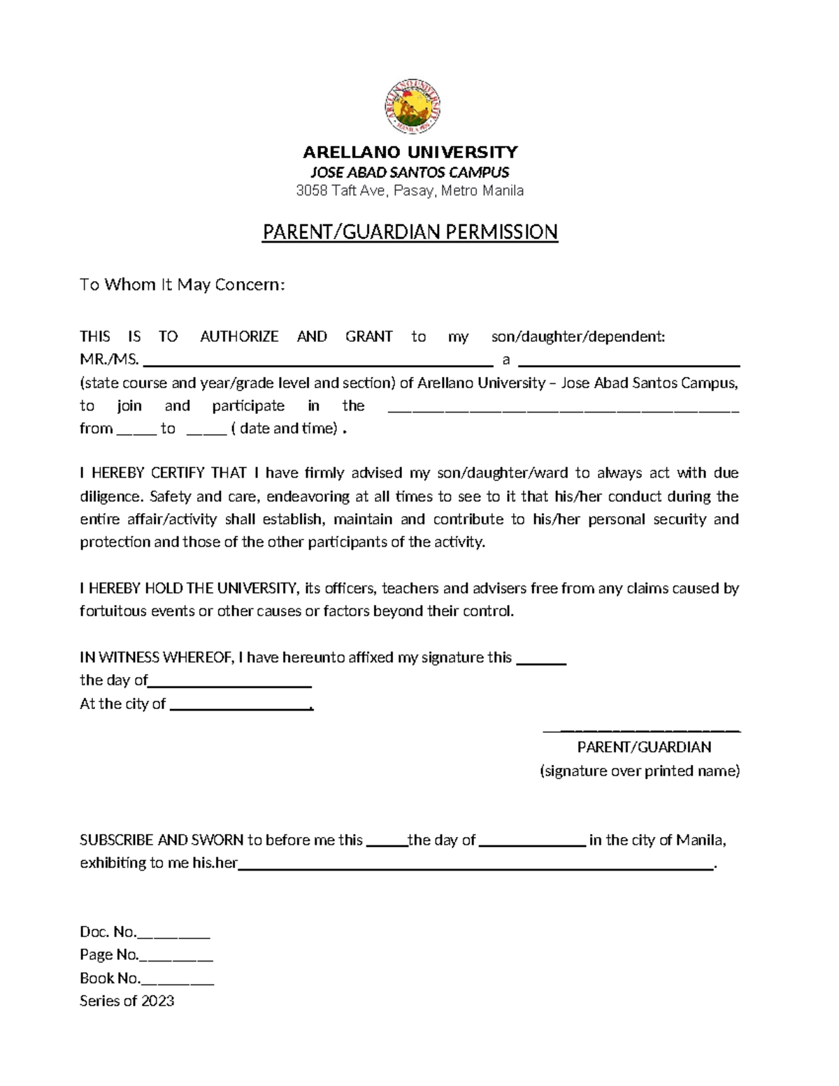 Waiver for Face to Face Activity 1 - ARELLANO UNIVERSITY JOSE ABAD ...