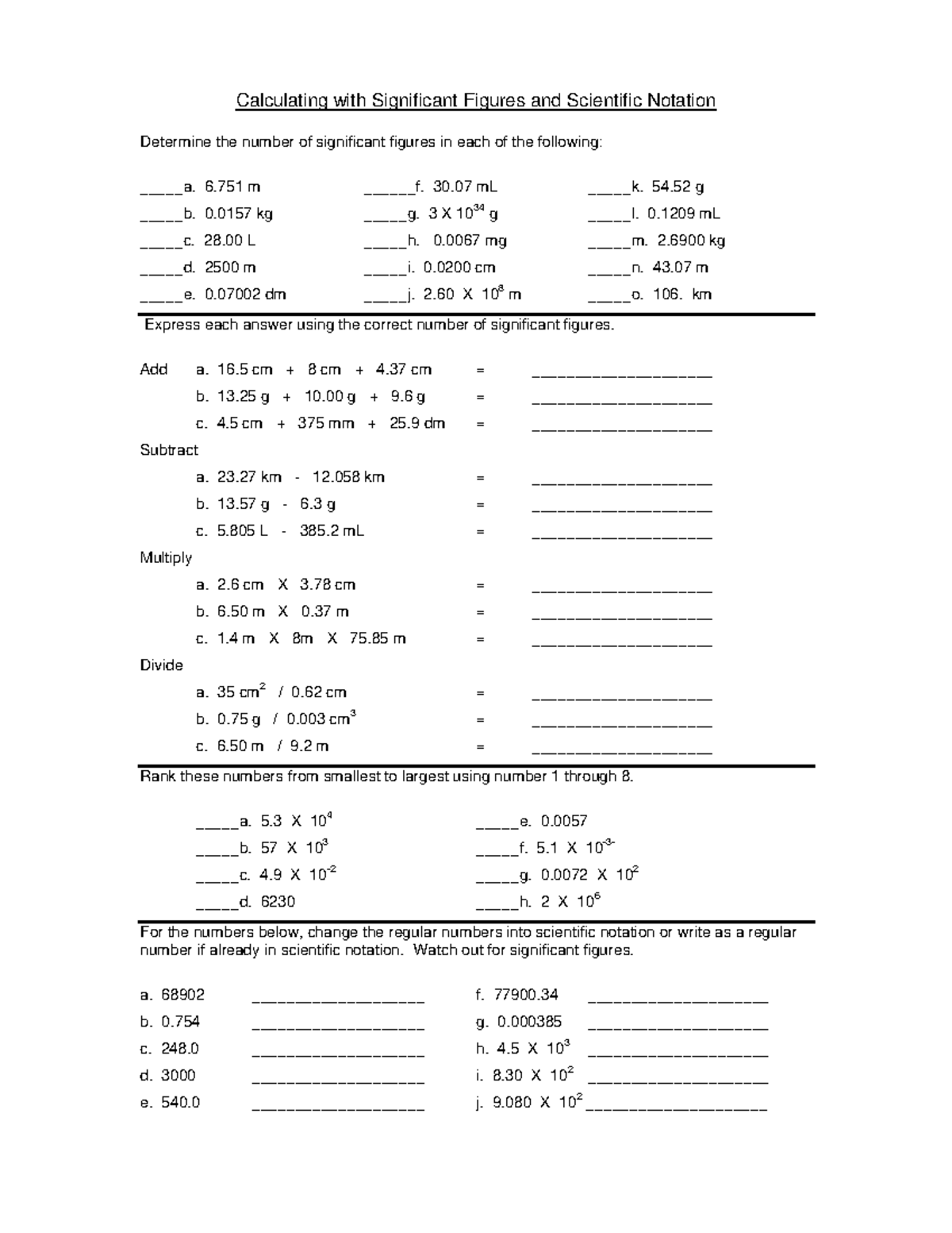 Calculating with Significant Figures - 6 m ______f. 30 mL _____k. 54 g ...