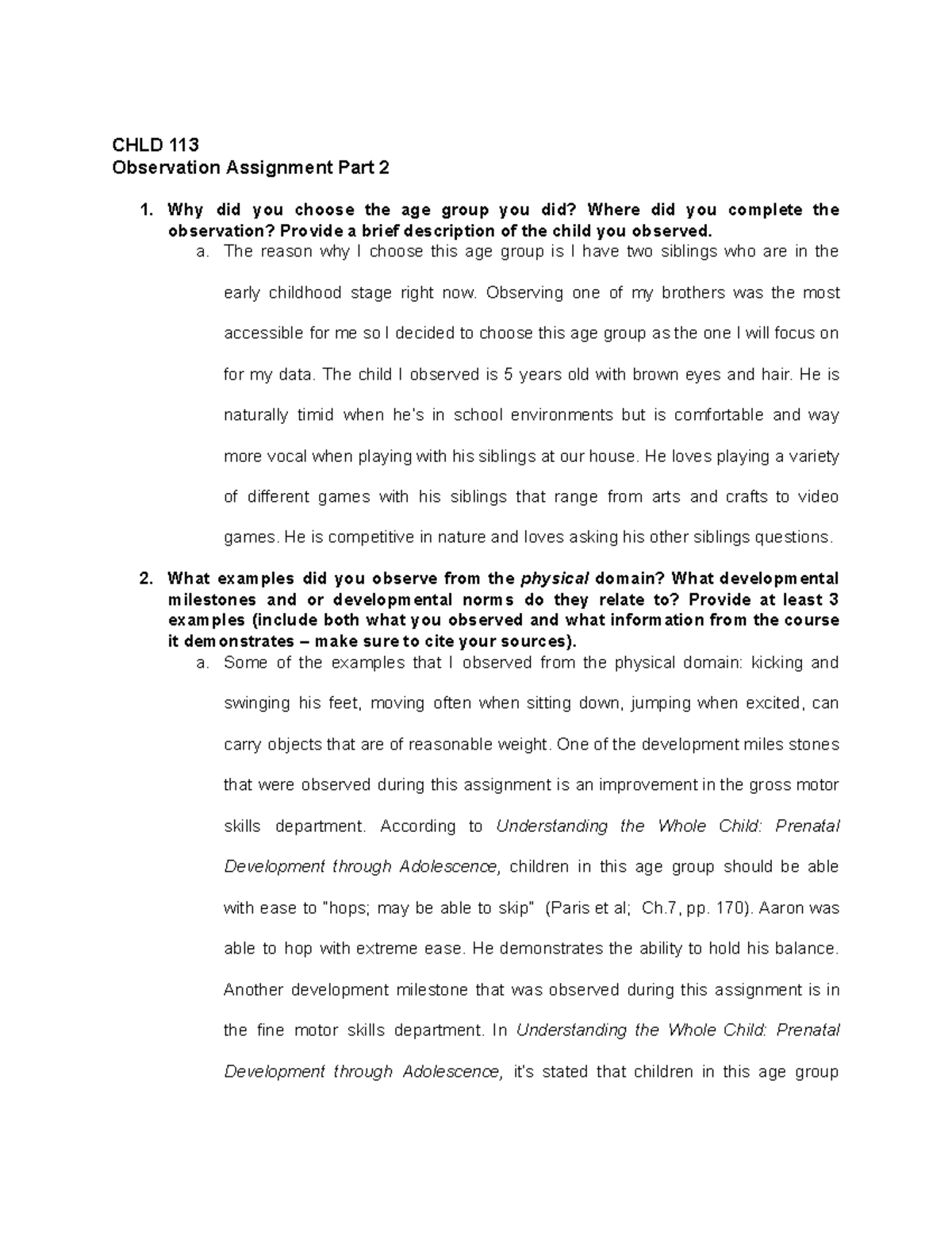 CHLD113 Observation Assignment Part 2 Format - CHLD 113 Observation ...