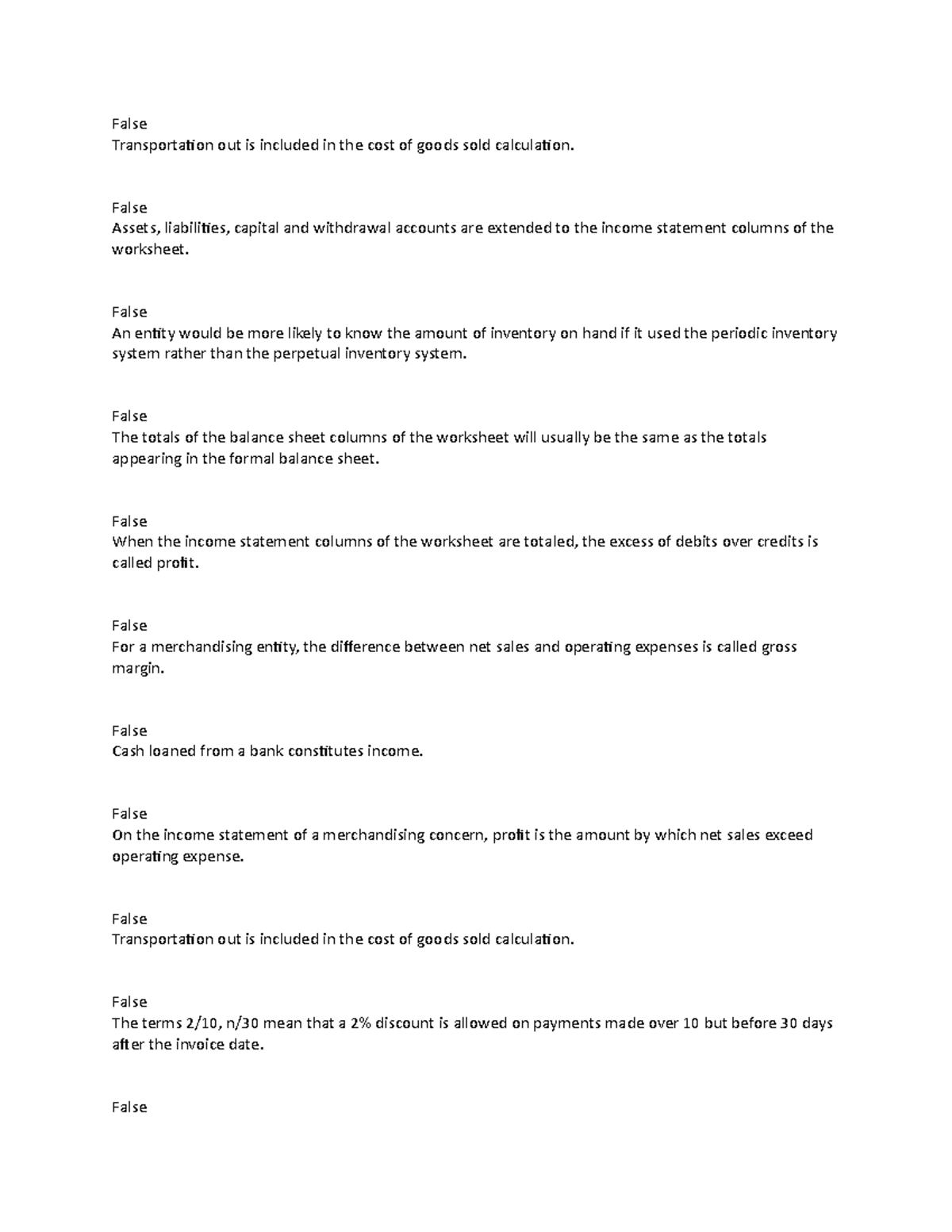 Accounting Theory - 2020 - False Transportation out is included in the ...