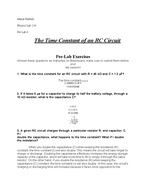 Pre lab 6 time constant - excellent grade 5/5 - Abid Ally Tricia ...