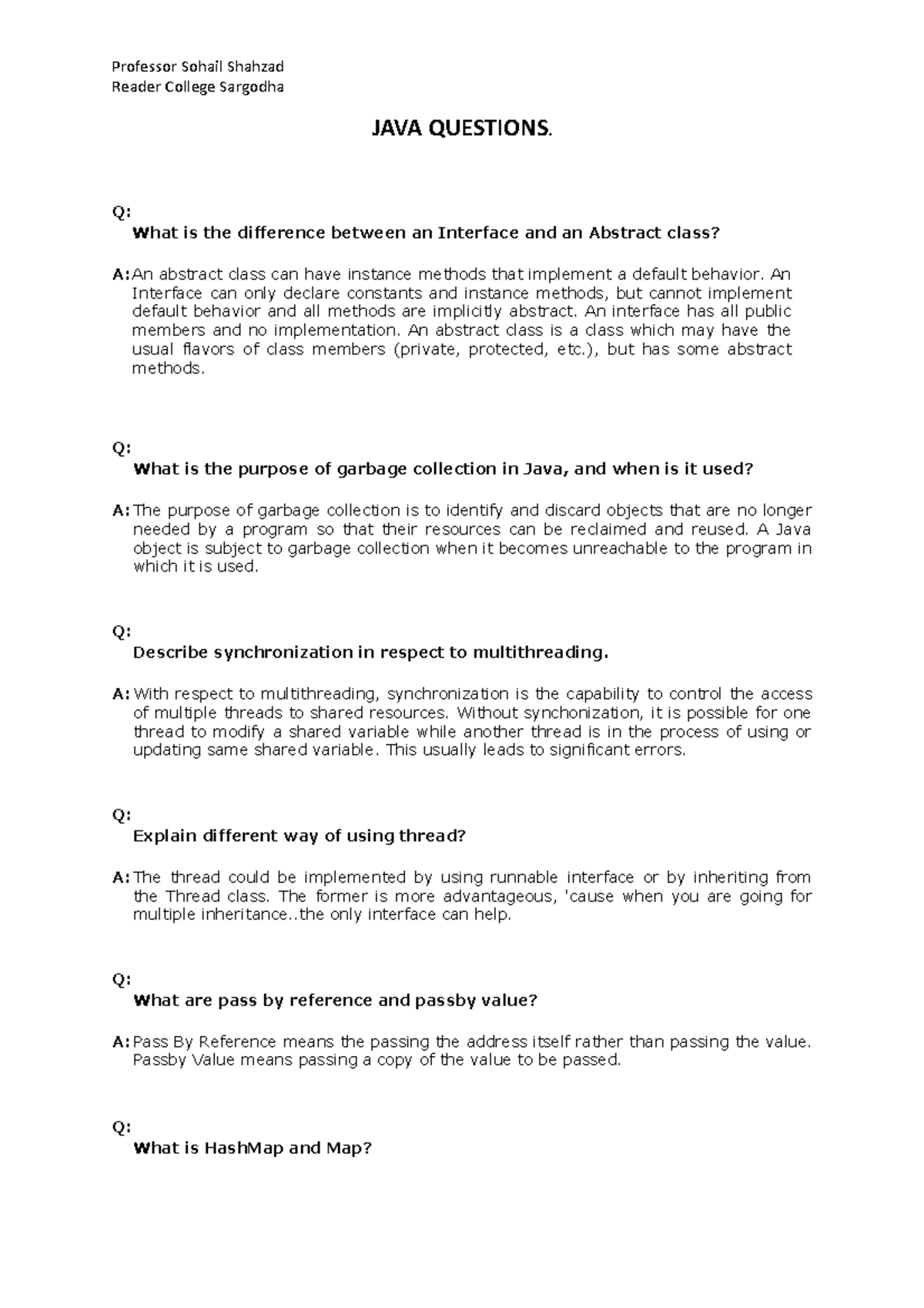 Java short questions and answers - Reader College Sargodha JAVA ...