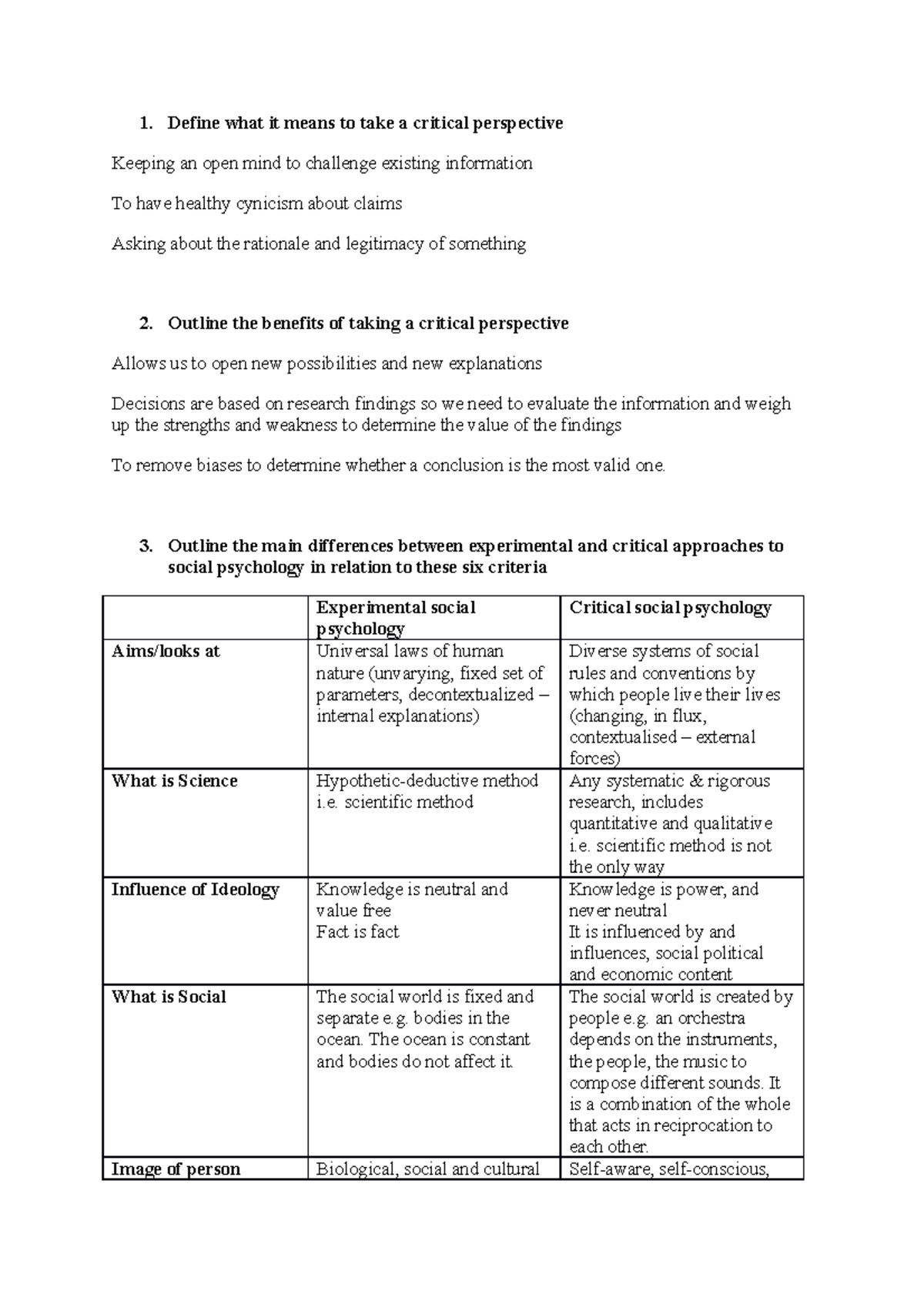 Week 1 exam revision - 1. Define what it means to take a critical ...