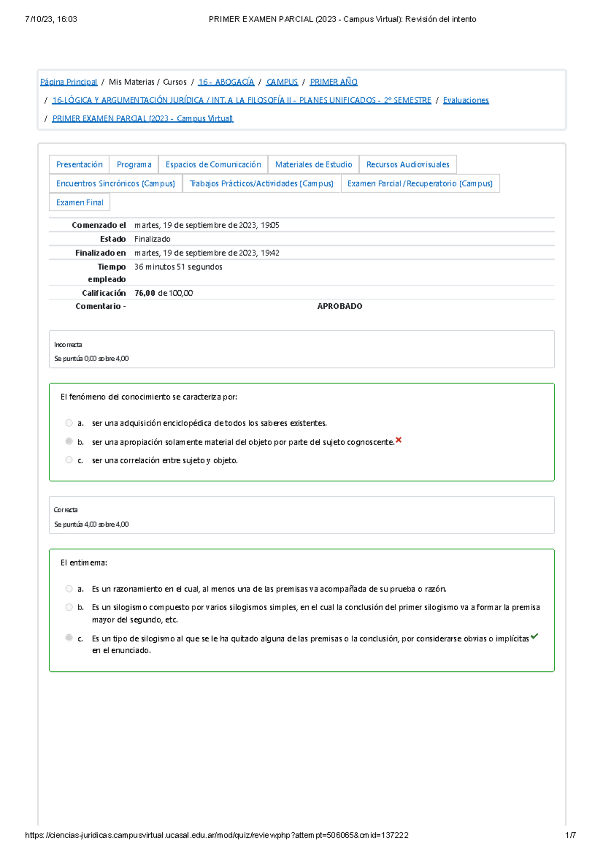 Primer Examen Parcial (2023 - Campus Virtual) Revisión Del Intento ...