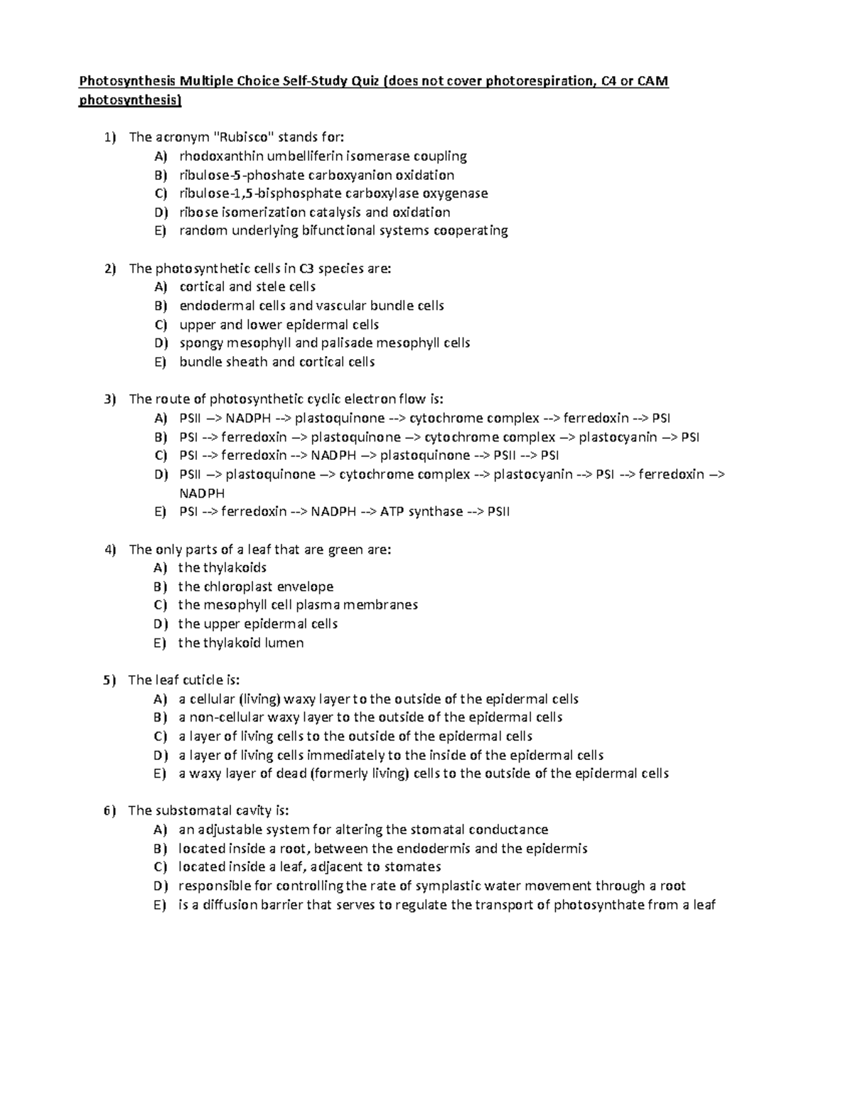 Photosynthesis Multiple Choice Self-Study Quiz - They also function to ...