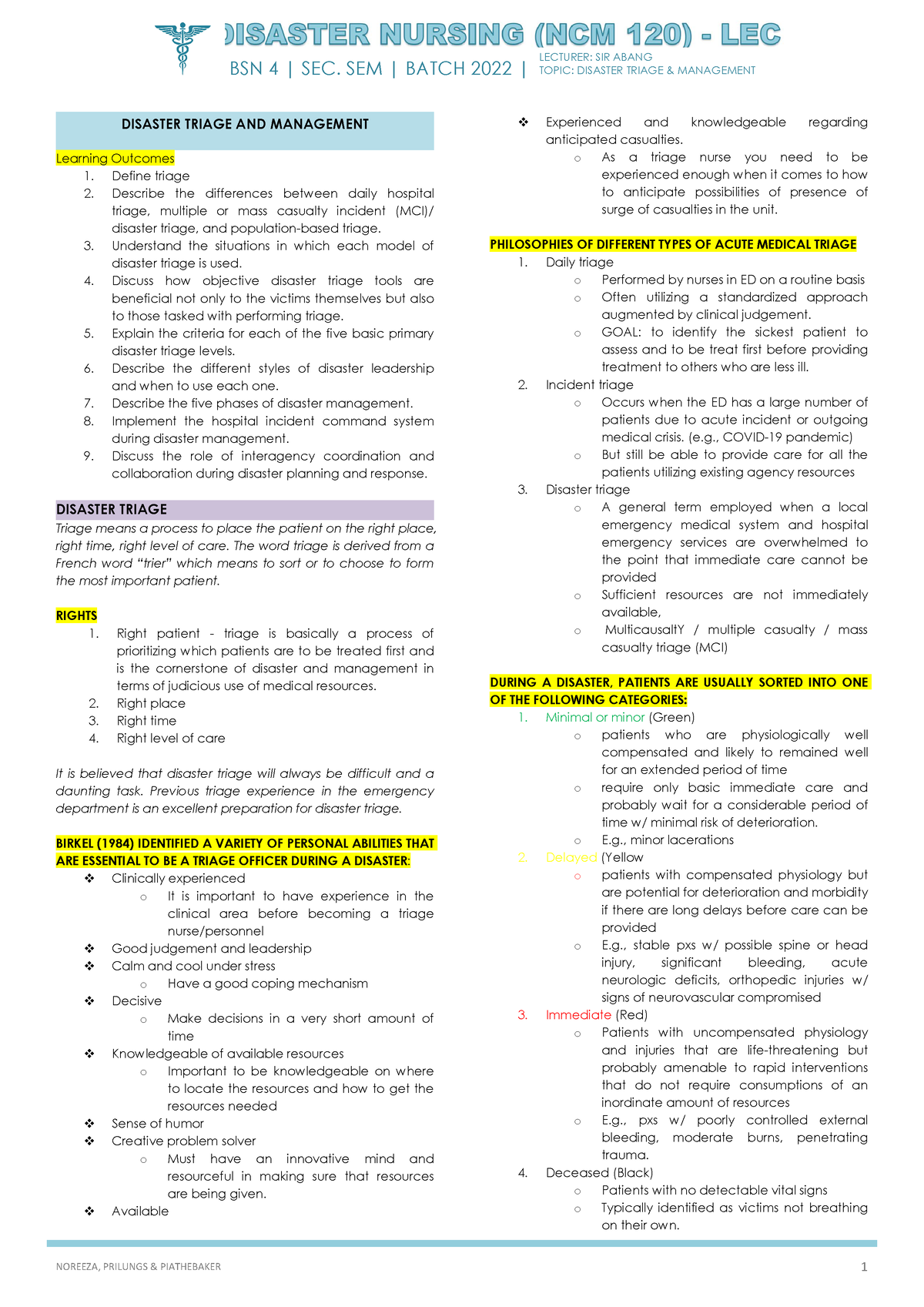 NCM 120 LEC Disaster Triage Management - BSN 4 | SEC. SEM | BATCH 2022 ...