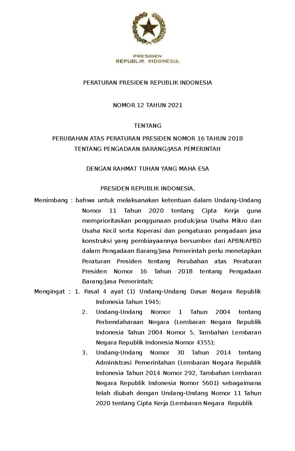 Perpres No 12 Tahun 2021 Tentang Pengadaan Barang Atau Jasa Pemerintah ...