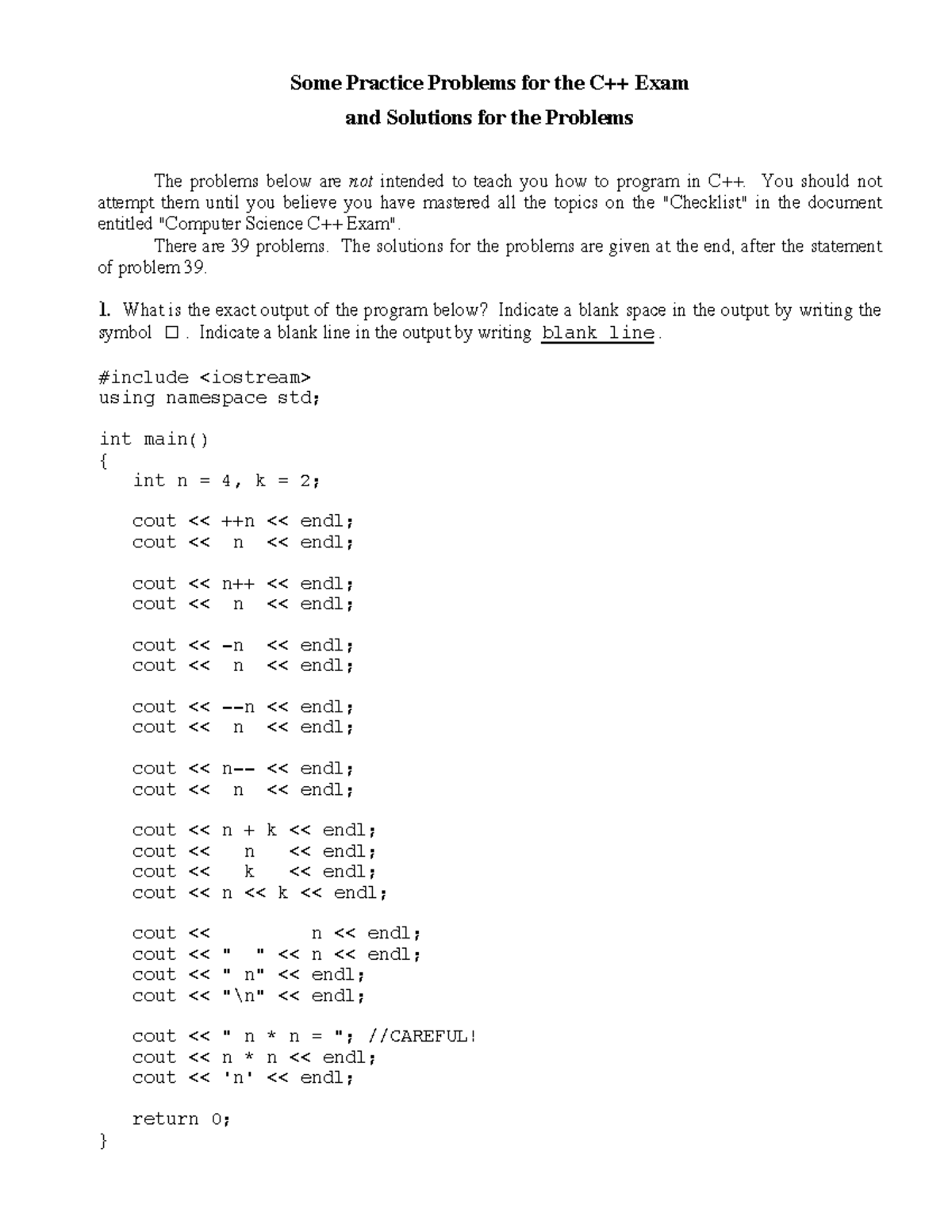 Comprehensive C:C+ Review W ANS - Some Practice Problems For The C++ ...