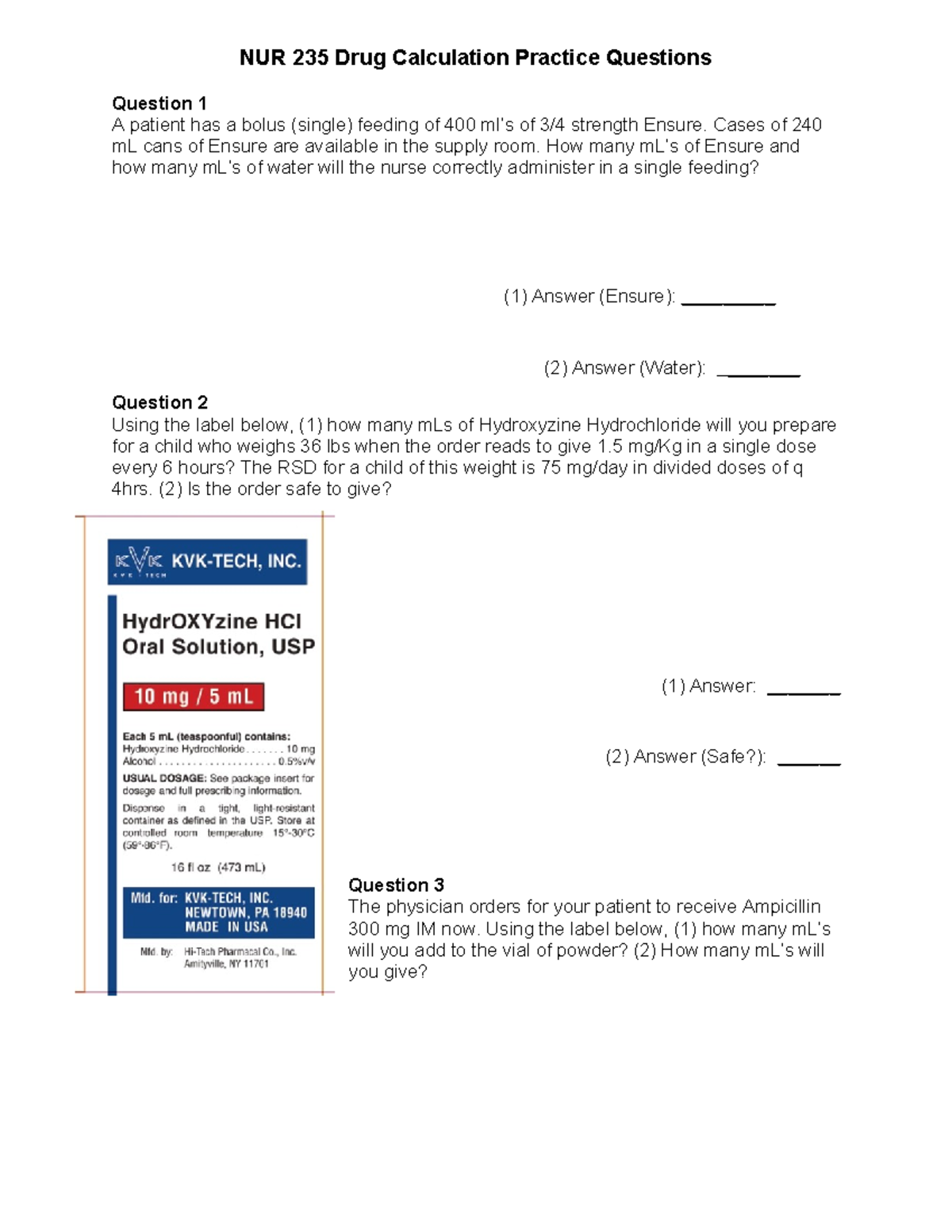 NUR 235 Drug Calculation Practice Questions - NUR 235 Drug Calculation ...