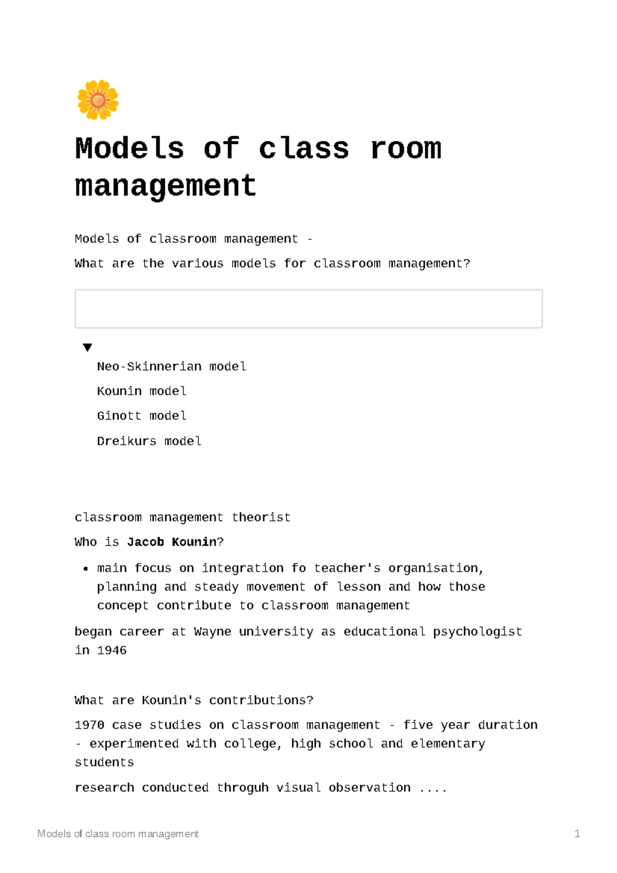 Models of class room management - 1 Models of class room management ...