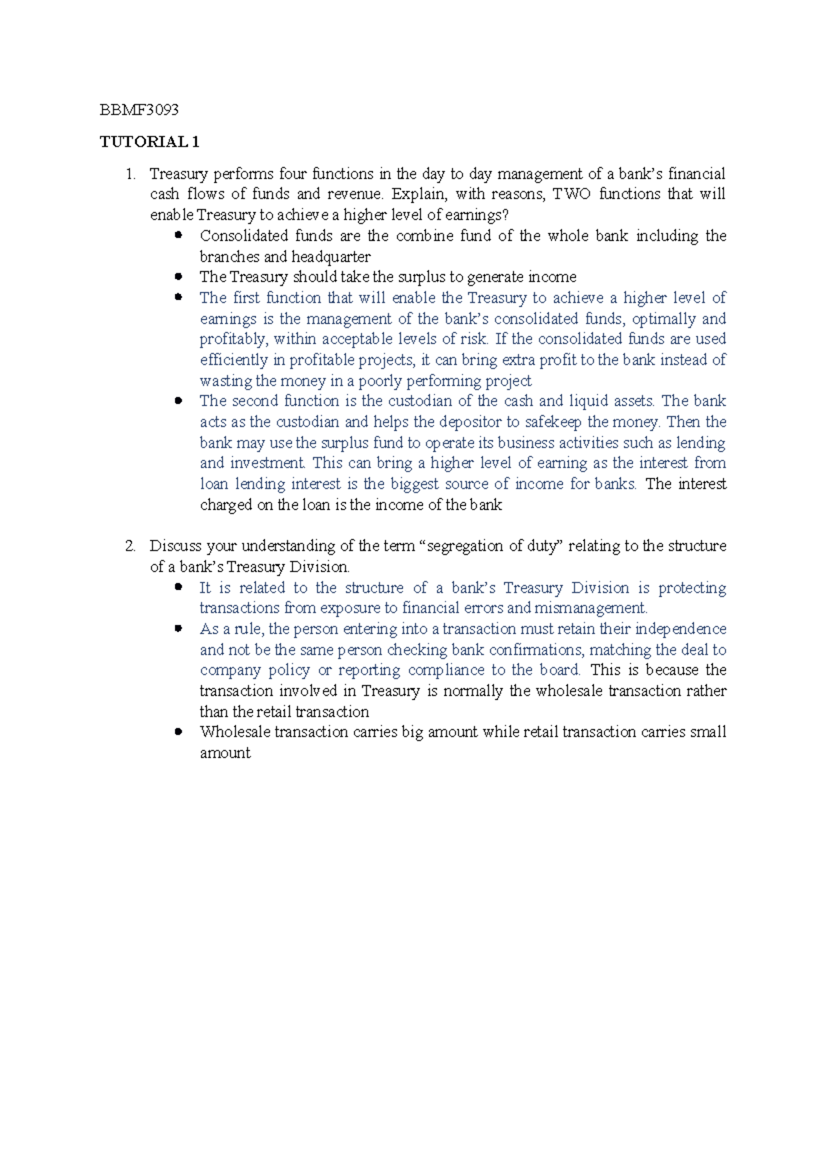 Tutorial 1 Introduction To Bank Treasury Management BBMF TUTORIAL 1 
