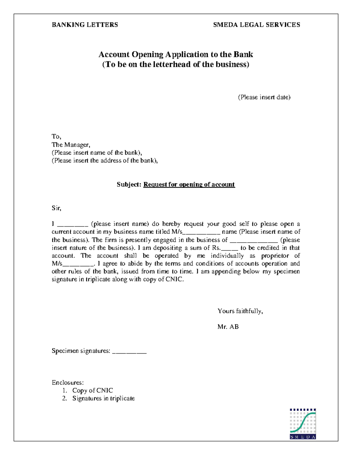 LCC Account Opening Application to the Bank - BANKING LETTERS SMEDA ...