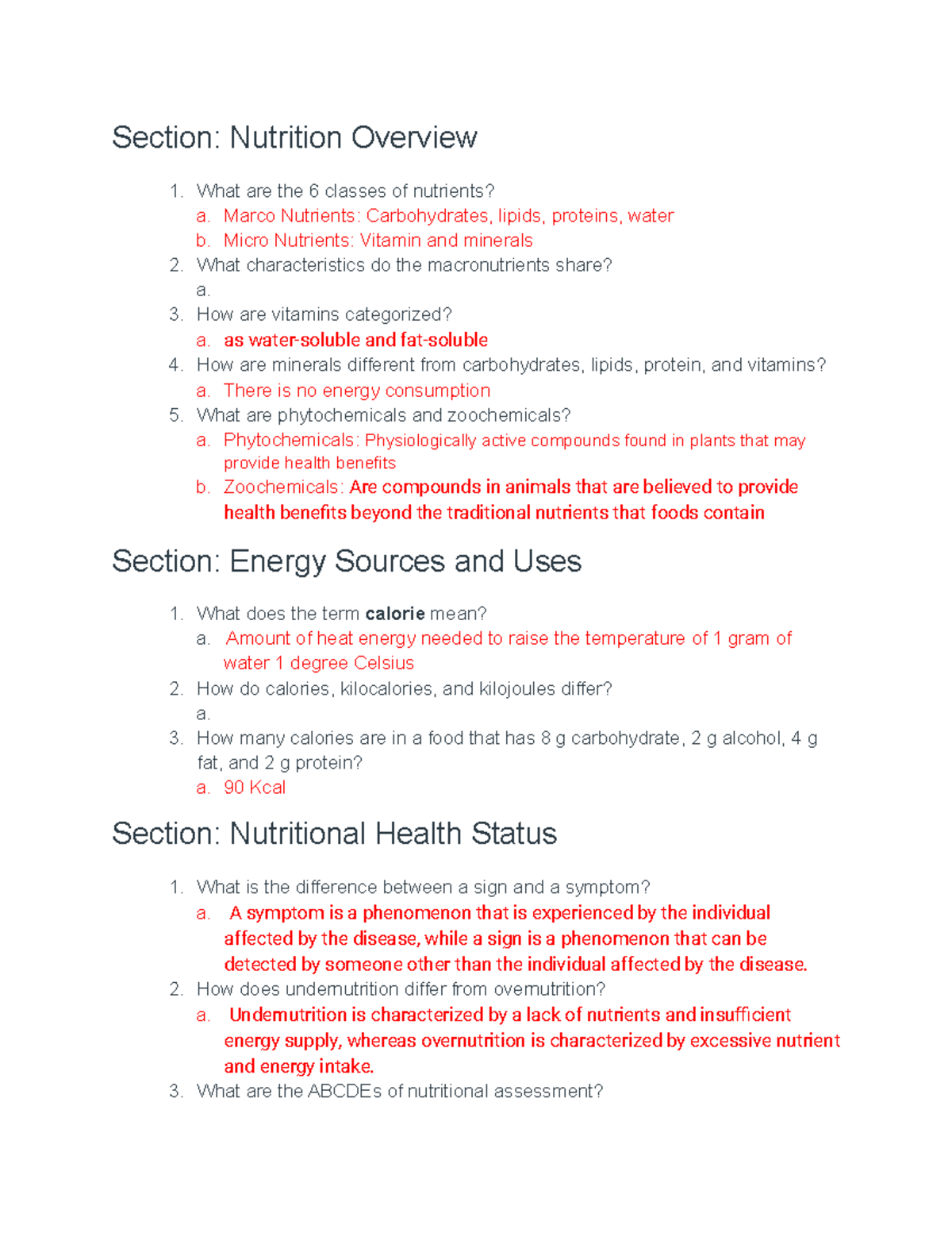 Nutrtion Exam 1 Review - Section: Nutrition Overview 1. What Are The 6 ...