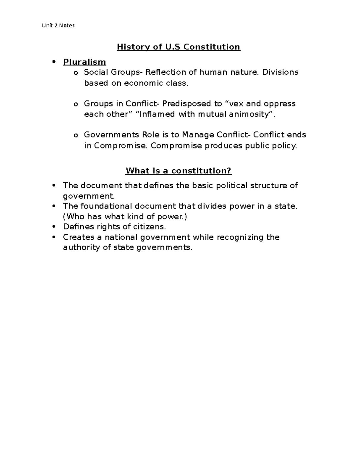 History of Constitution Notes History of U Constitution Pluralism o
