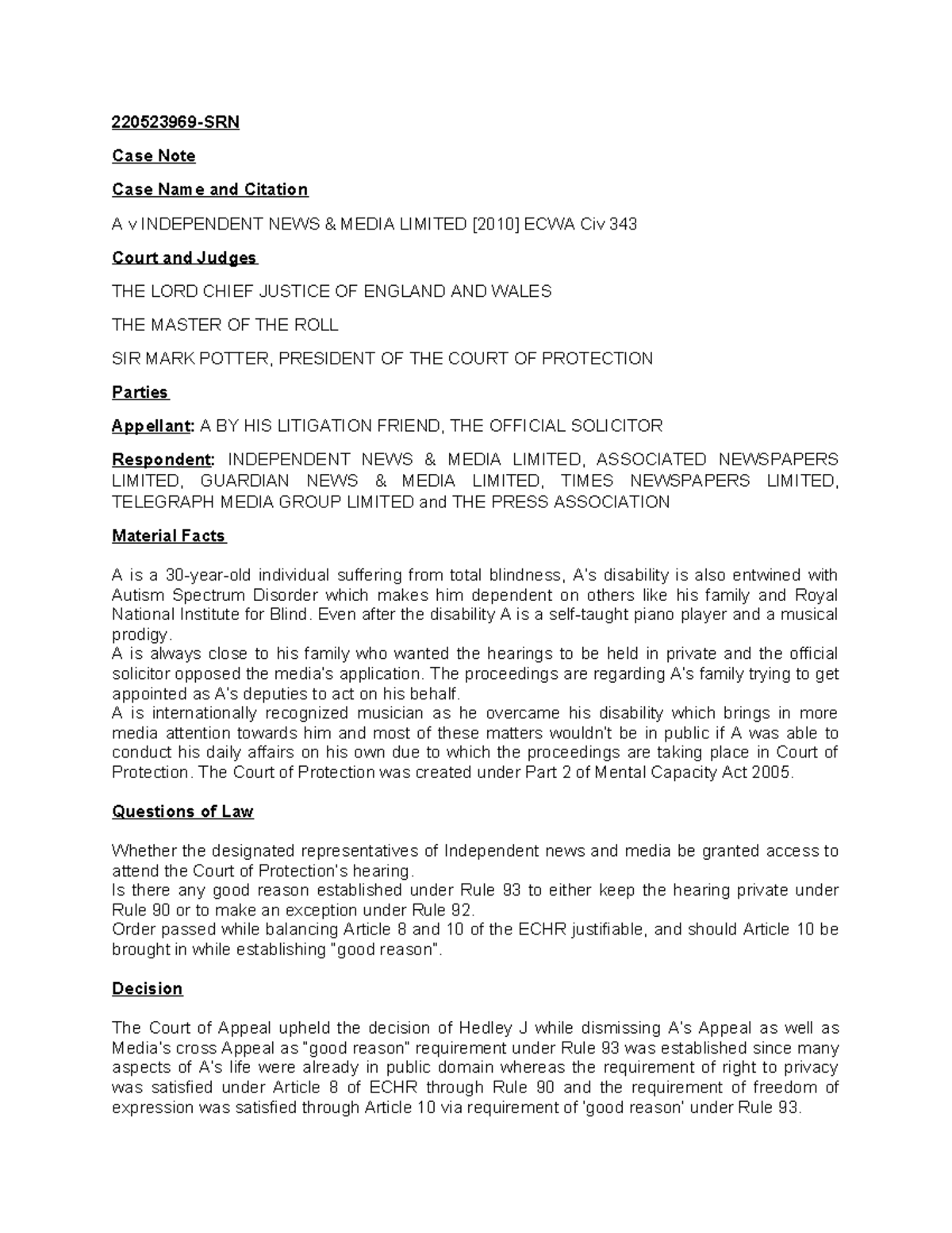Casenote 220523969 - 220523969-SRN Case Note Case Name and Citation A v ...