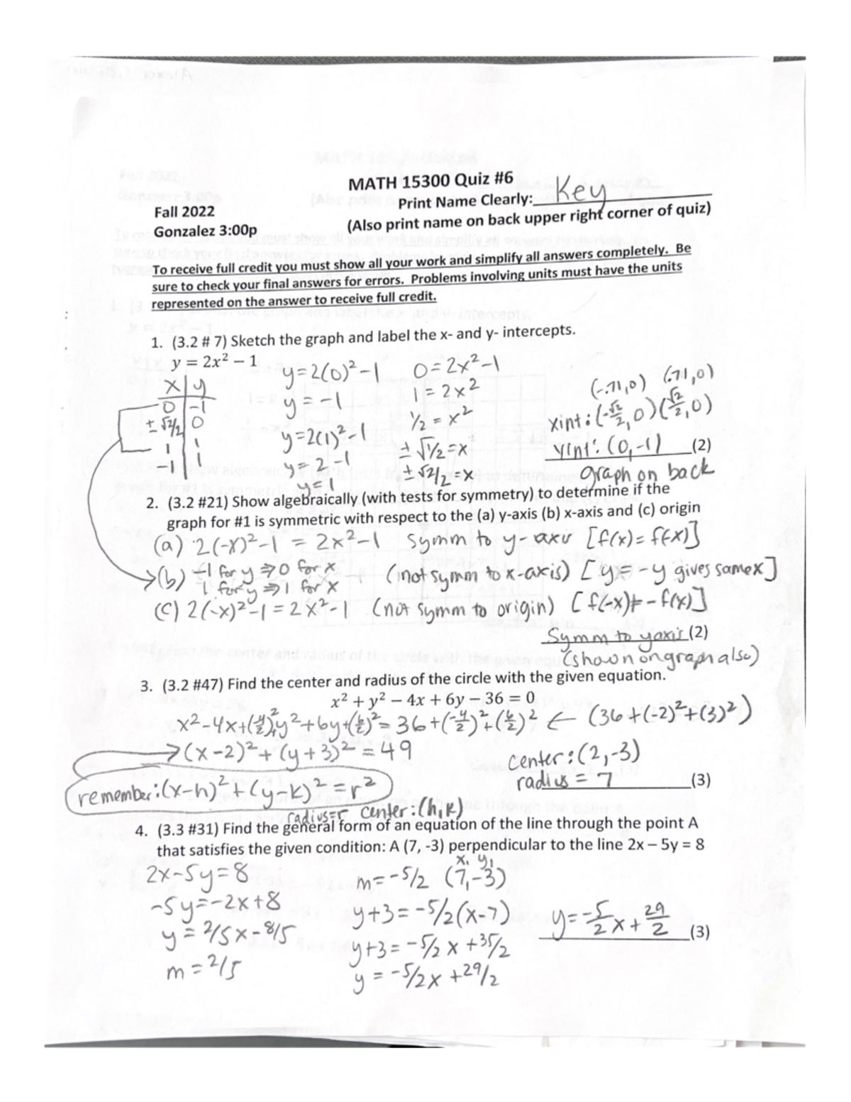 Quiz+%236+KEY+Math+153 - MATH 15300 Quiz Print Name Clearly: Key Fall ...