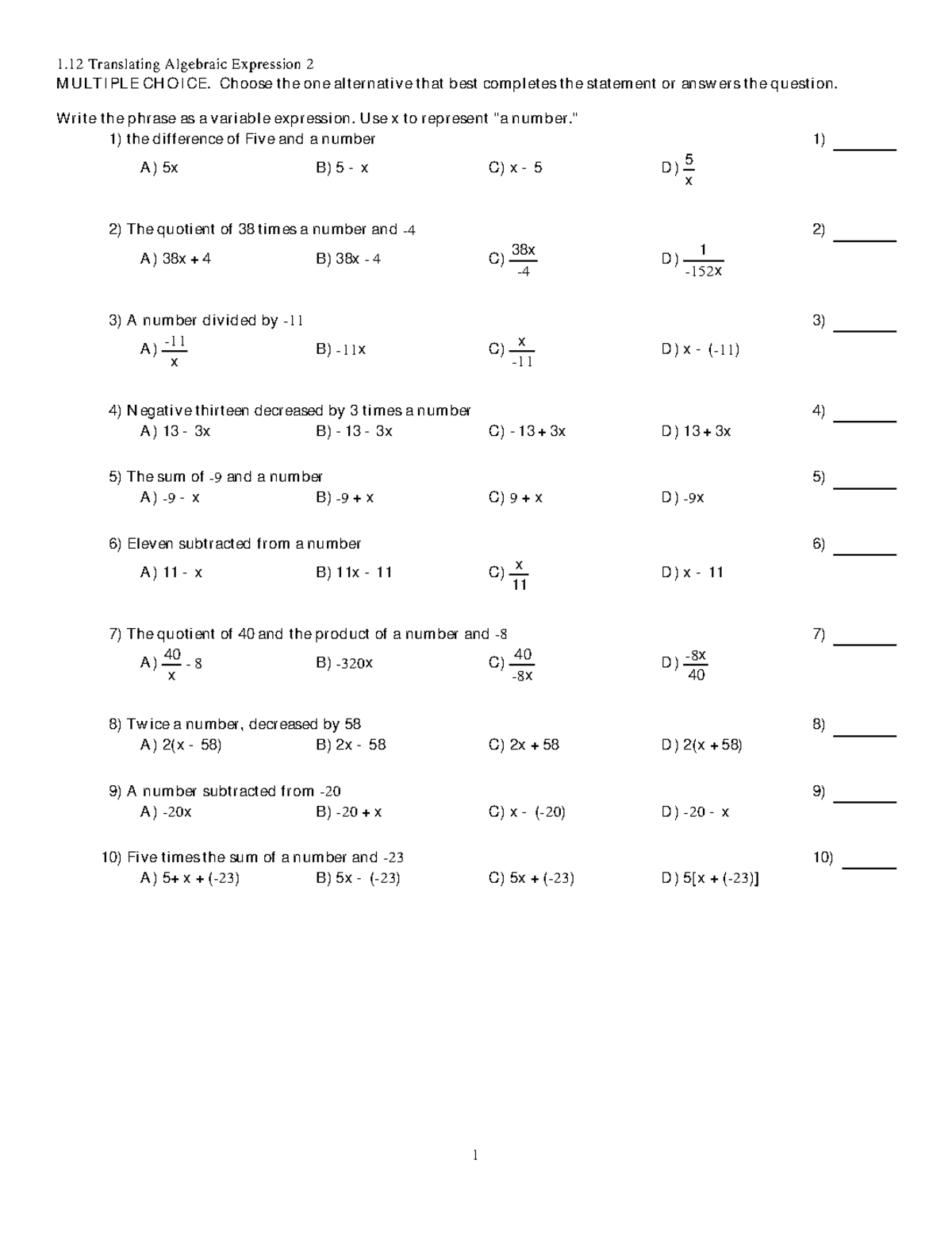 1 - Translating Algebraic Expressions - Choose the one alternative that ...