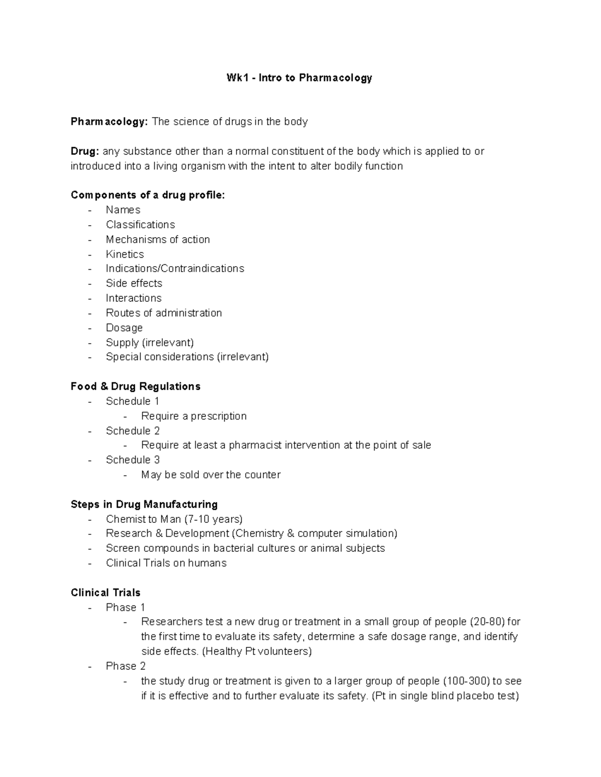 Wk1 - Intro to Pharm - Lecture notes 1 - Wk1 - Intro to Pharmacology ...