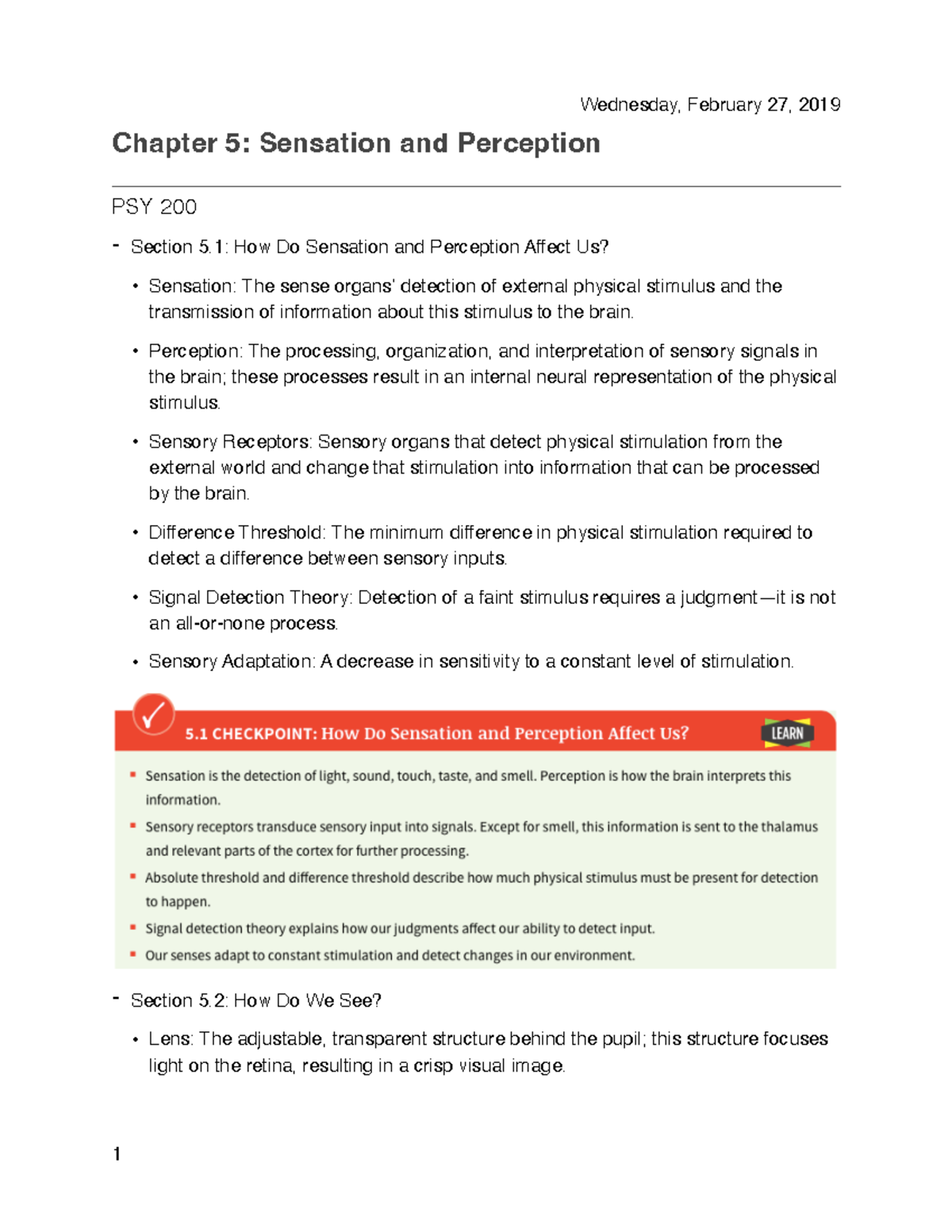 Chapter 5 (Psychology) - Chapter 5: Sensation And Perception PSY 200 ...