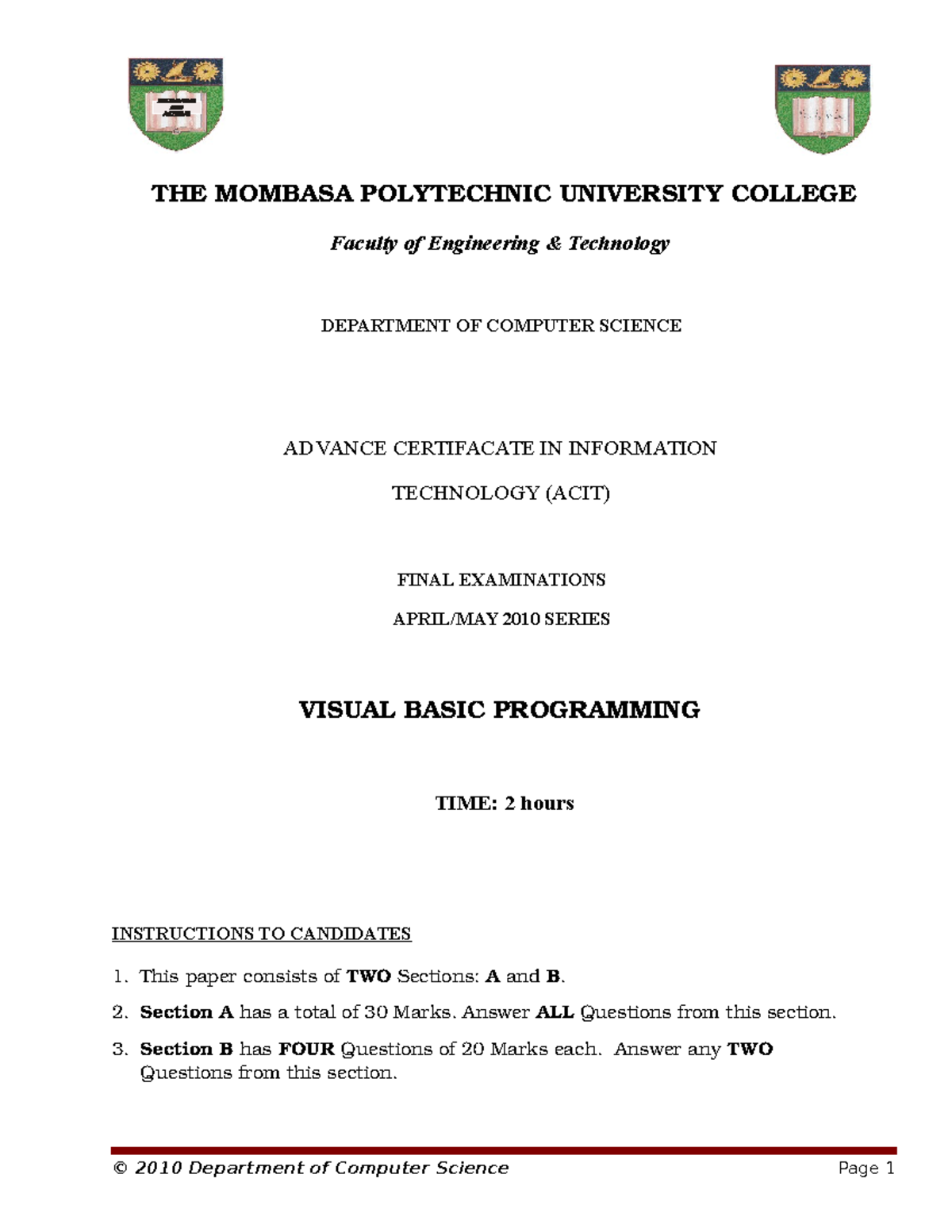 Visual Basic Programming - THE MOMBASA POLYTECHNIC UNIVERSITY COLLEGE ...