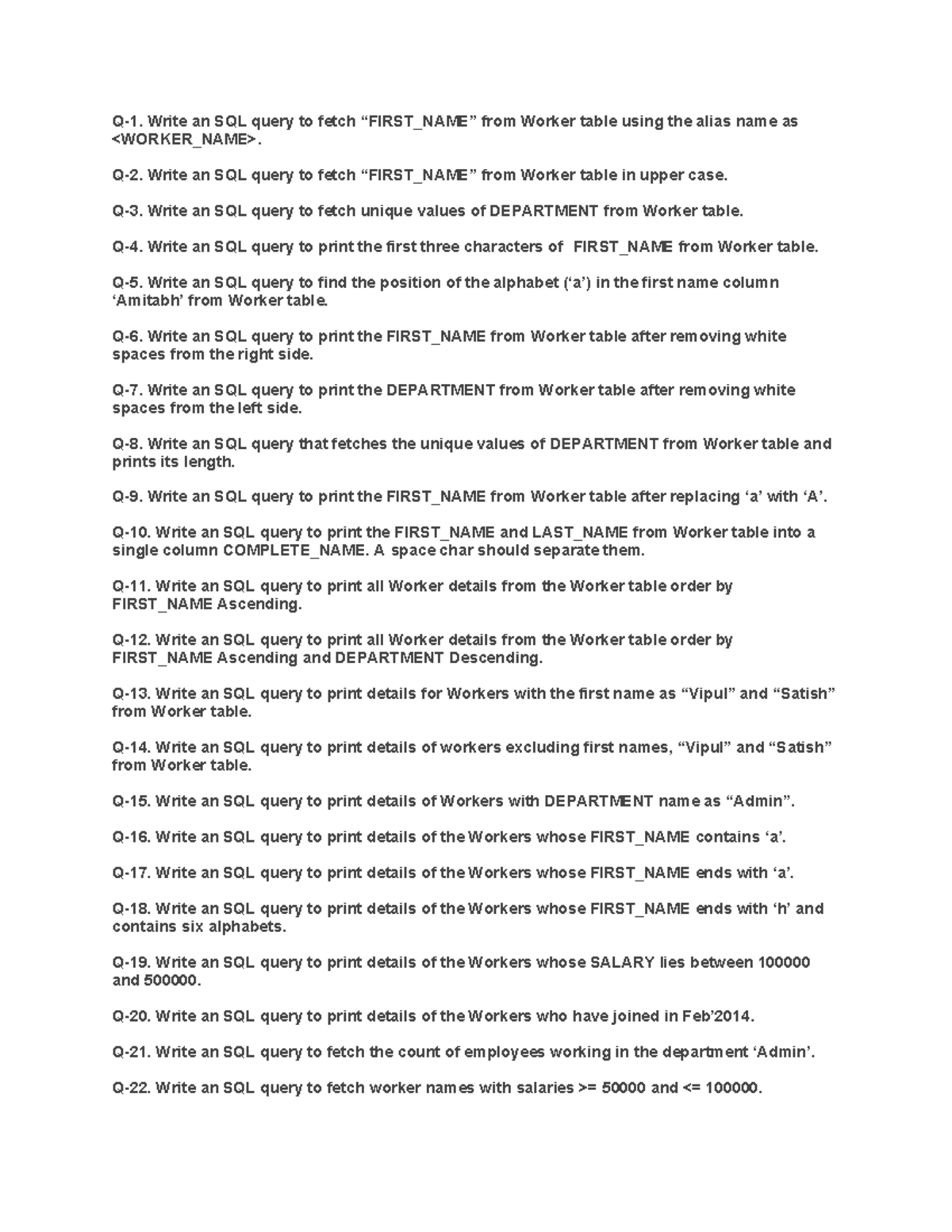 Questions for sql - Q-1. Write an SQL query to fetch “FIRST_NAME” from ...