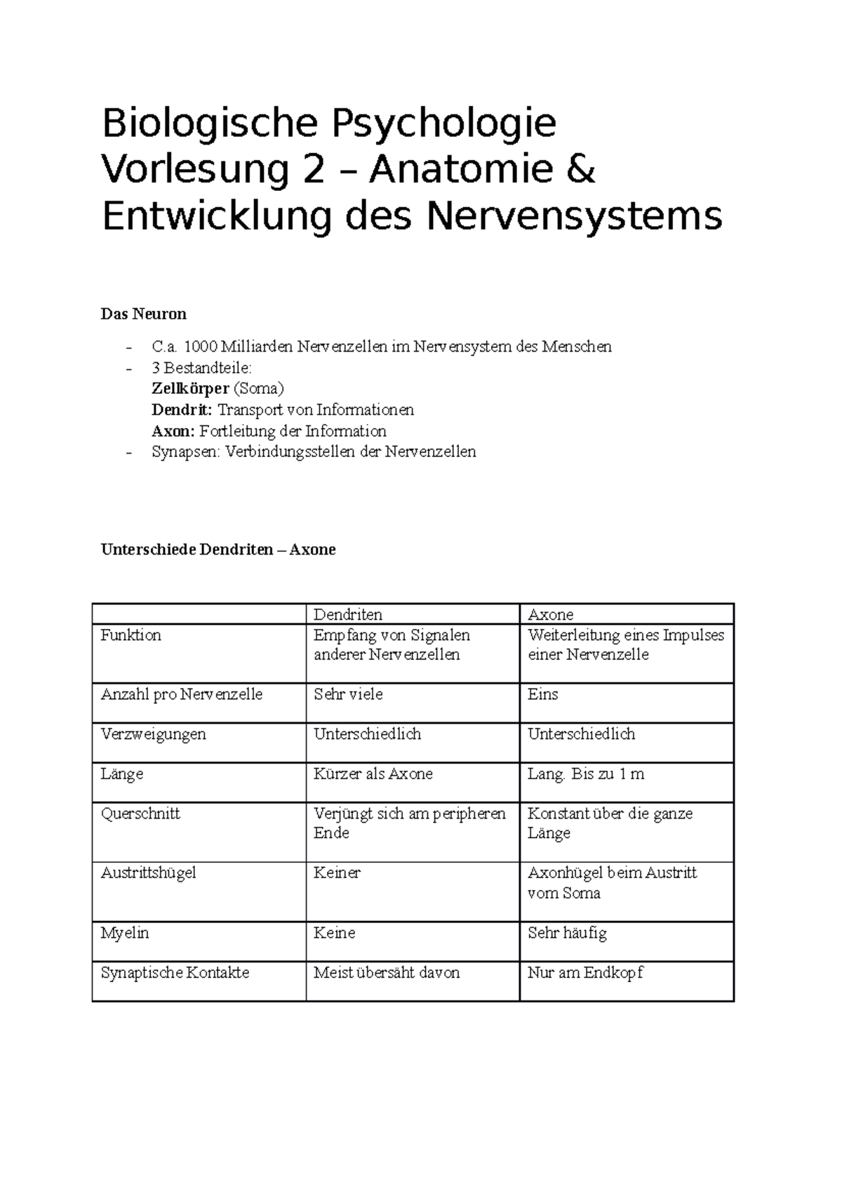 2. Vorlesung 2 Zusammenfassung Biologische Psychologie - Biologische ...