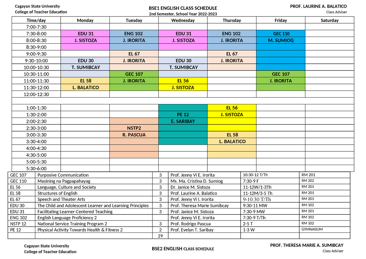 Class Schedule 2nd Sem 2022 2023 feb19 - BSE1 ENGLISH CLASS SCHEDULE ...