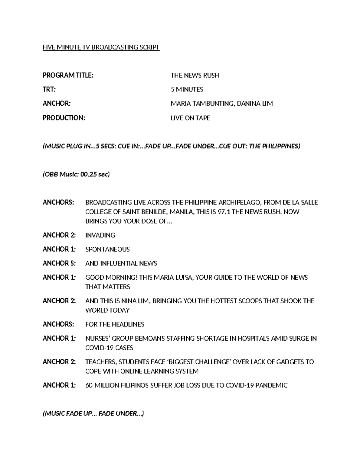 5 Minute TV Broadcasting Script FIVE MINUTE TV BROADCASTING SCRIPT