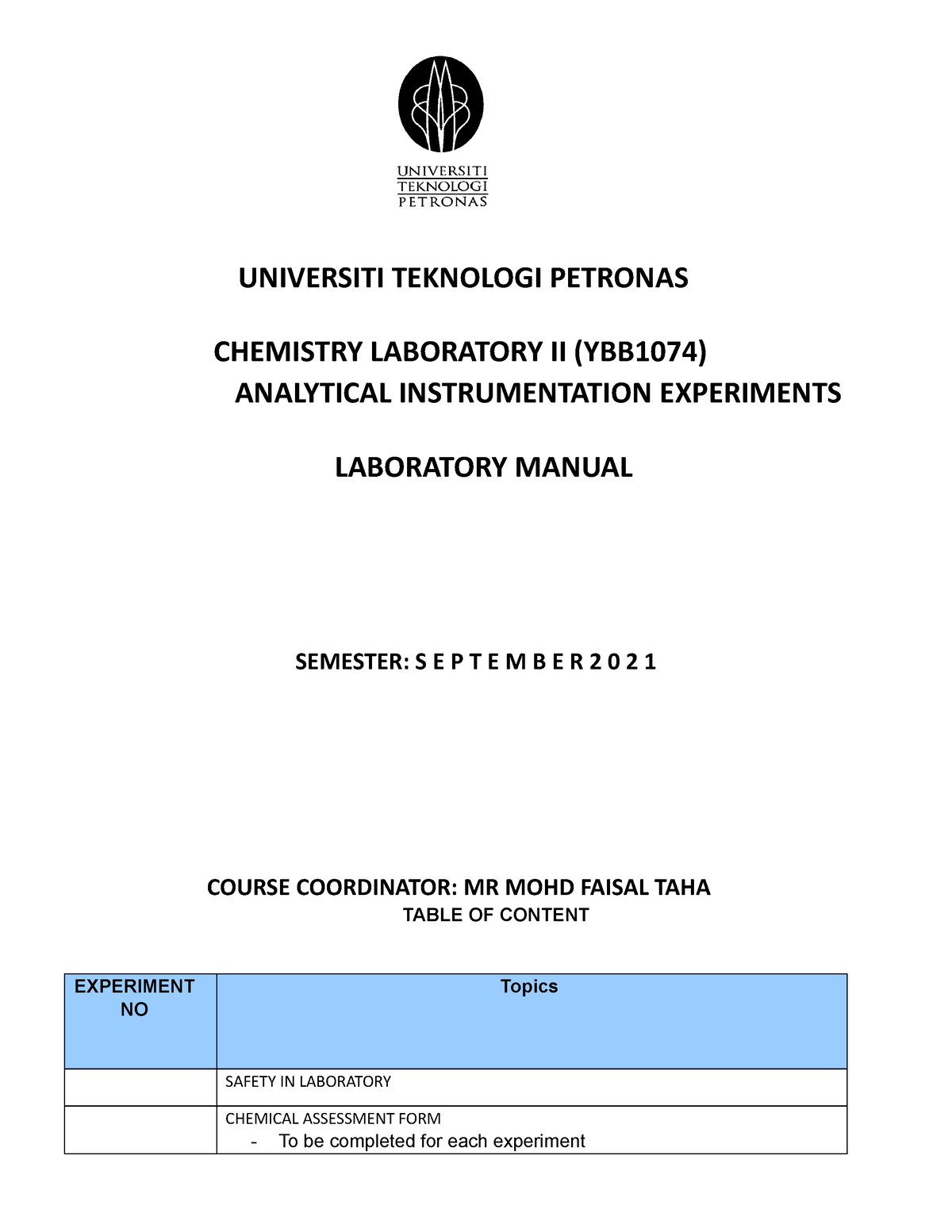 Lab Manual Chemistry Laboratory II YBB1074 Analytical Instrumentation ...