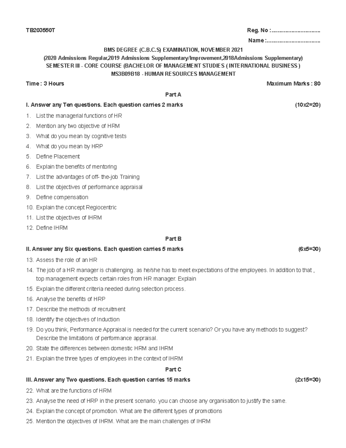 Human Resources Management-1 - TB203550T Reg. No ...