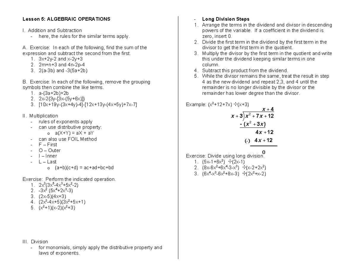 Algebraic Operations - math - Lesson 5: ALGEBRAIC OPERATIONS I ...