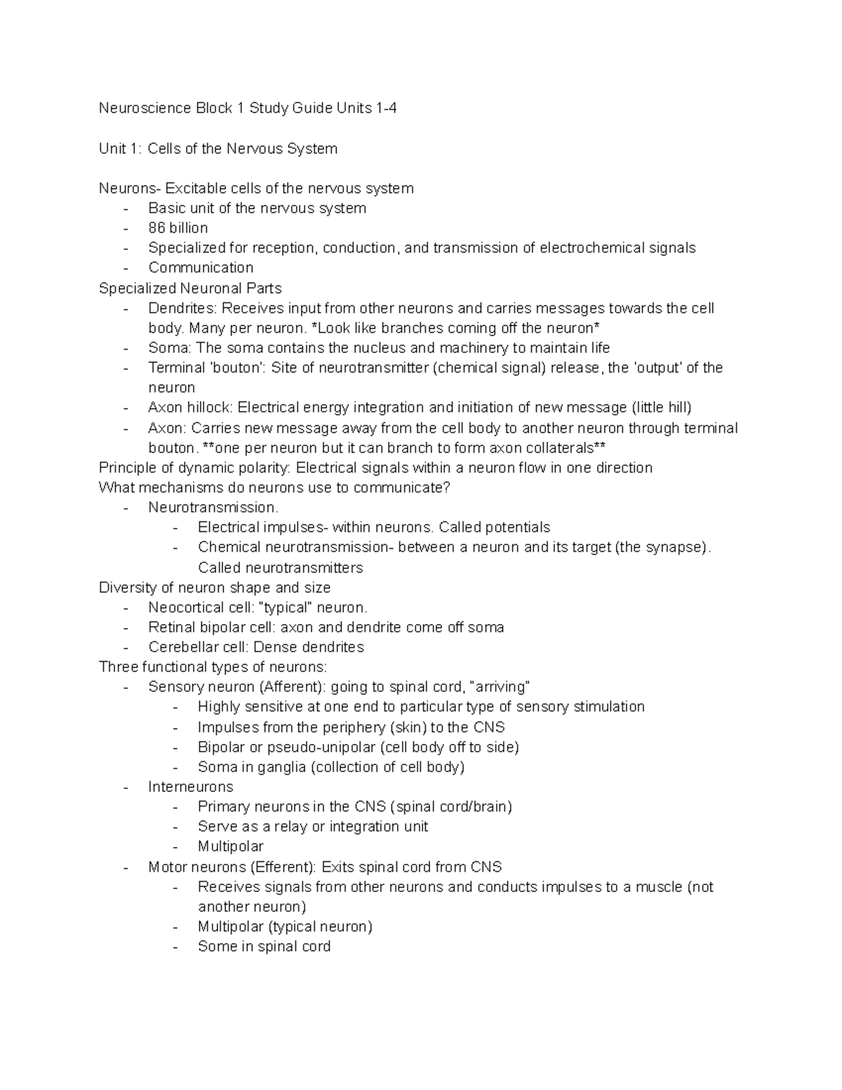 Neuroscience Block 1 Study Guide Neuroscience Block 1 Study Guide