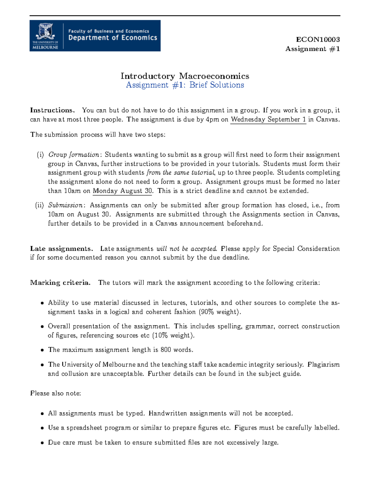 Assignment 1 marking solutions - ECON Assignment # Introductory ...