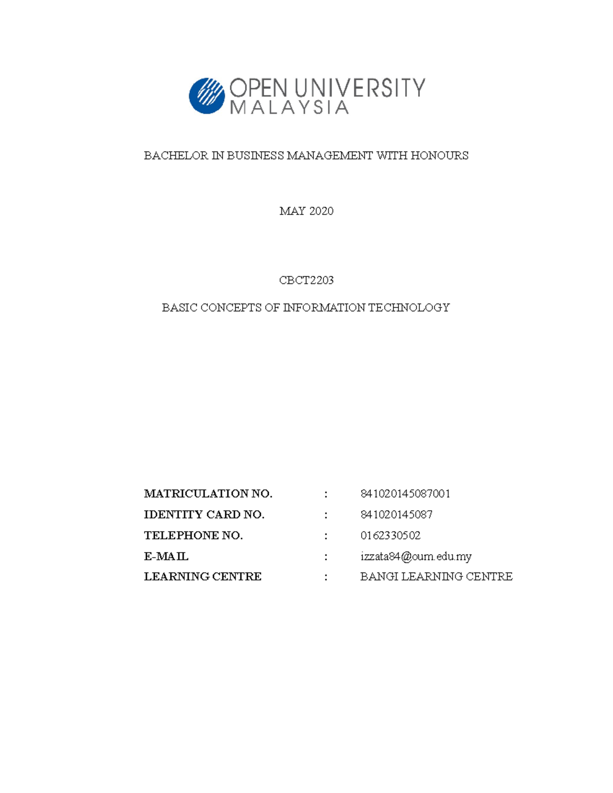Cbct2203 Basic Concepts Of Information Technology Latest Bachelor In Business Management Studocu