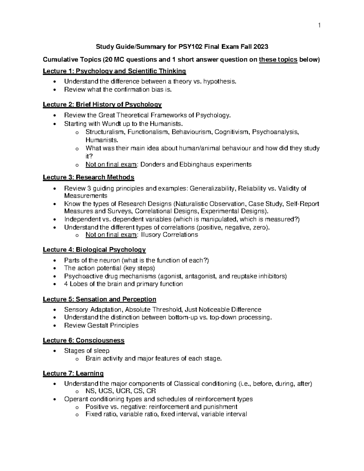 Study Guide for PSY102 Final Exam Fall 2023 - Study Guide/Summary for ...