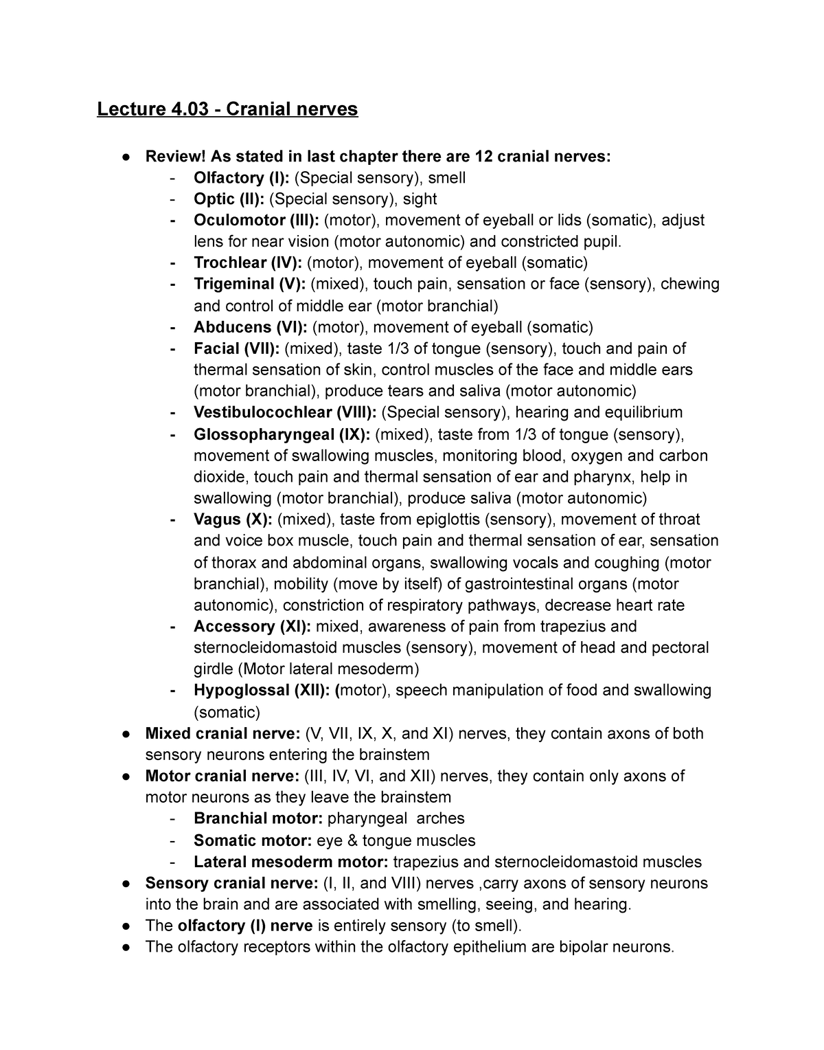 Cranial nerves - Lecture notes 5 - Lecture 4 - Cranial nerves Review ...