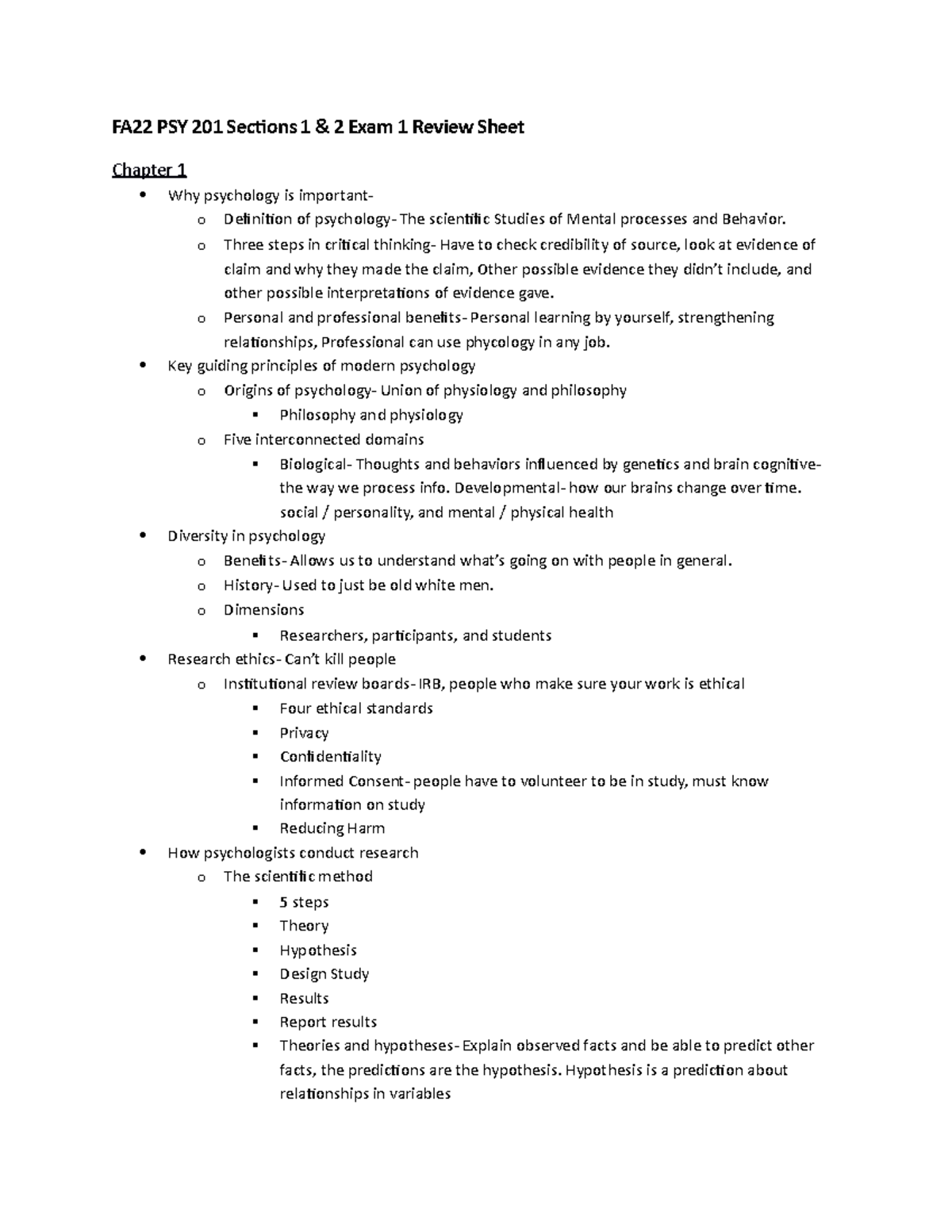 Exam 1 Review Sheet - FA22 PSY 201 Sections 1 & 2 Exam 1 Review Sheet ...