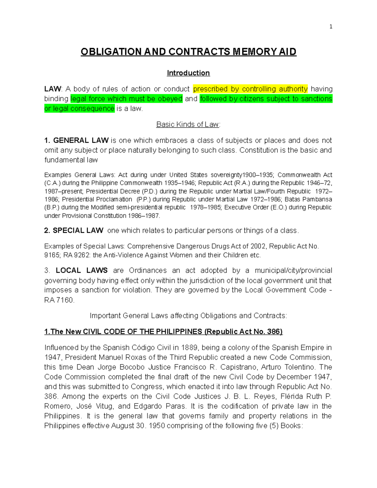 Mem Aid Part 1 - suagduwqgduigwoidis - OBLIGATION AND CONTRACTS MEMORY ...