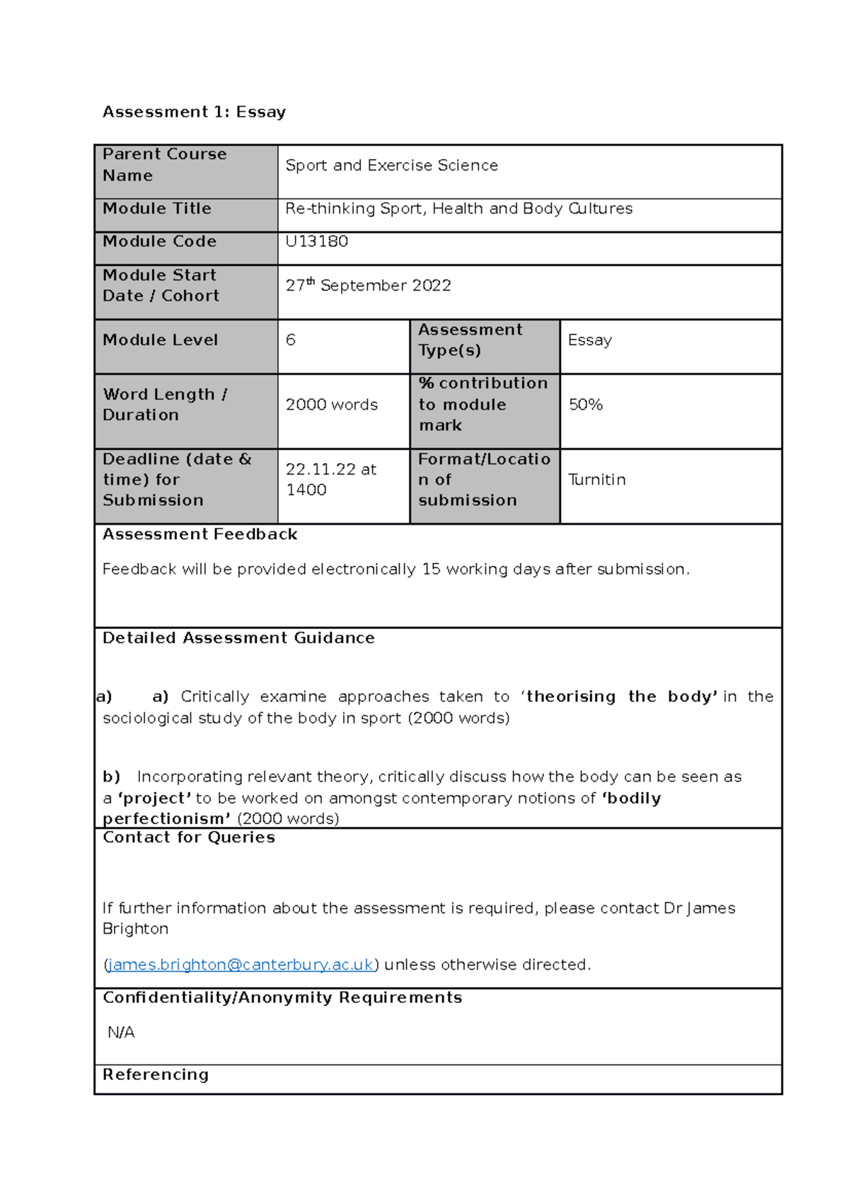 Assessment 1 module Rethinking sport - Assessment 1: Essay Parent ...