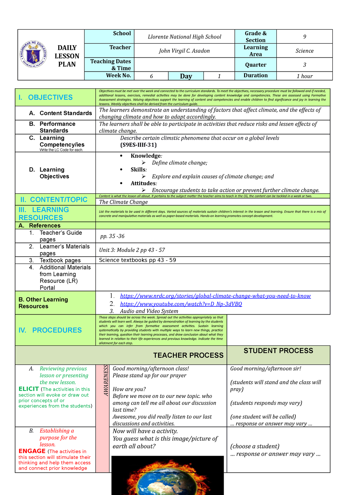 Science 9 Lesson Plan For Science DAILY LESSON PLAN School Llorente 