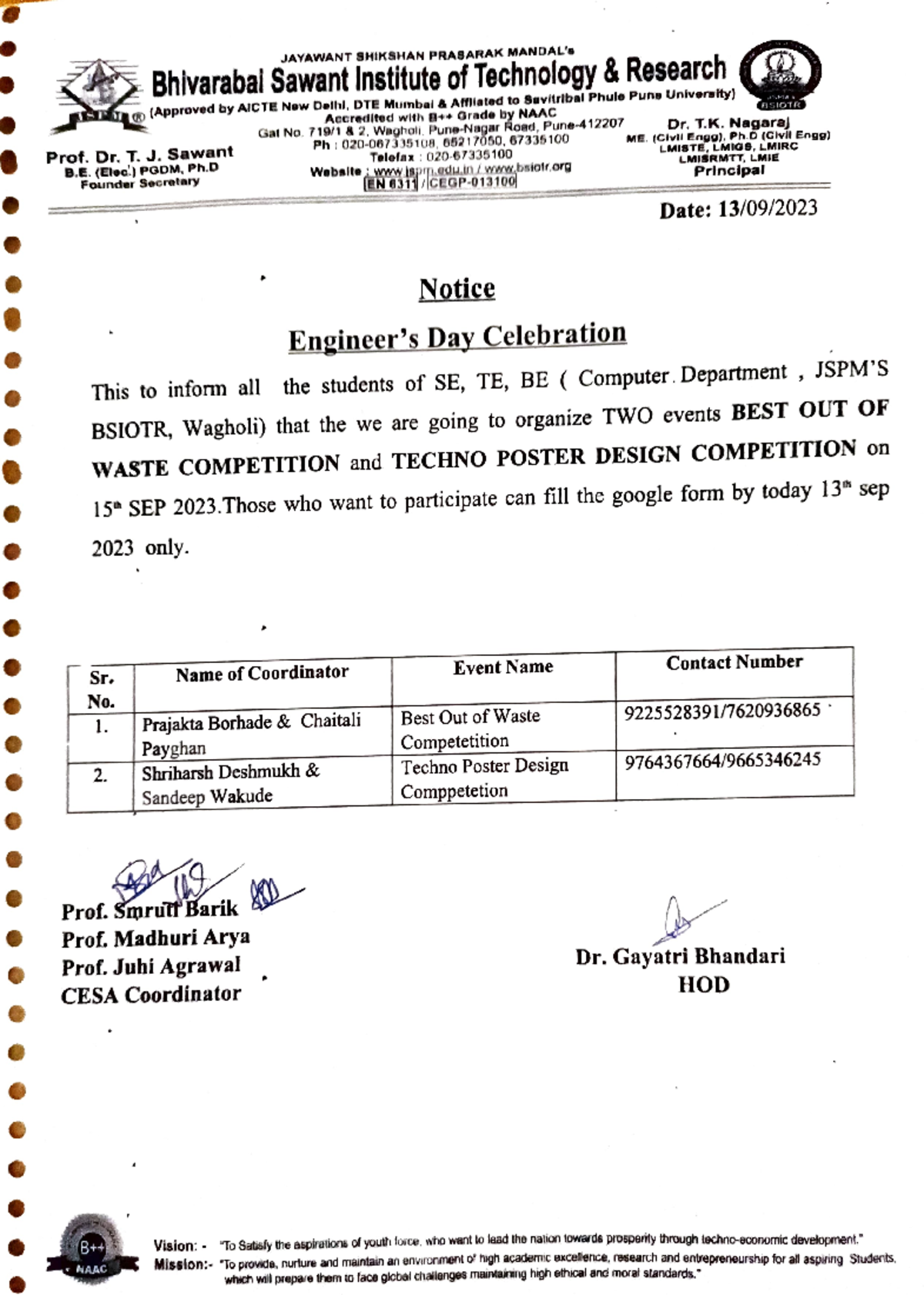 Notice Engineer's day - BE Computer Science - SPPU - Studocu