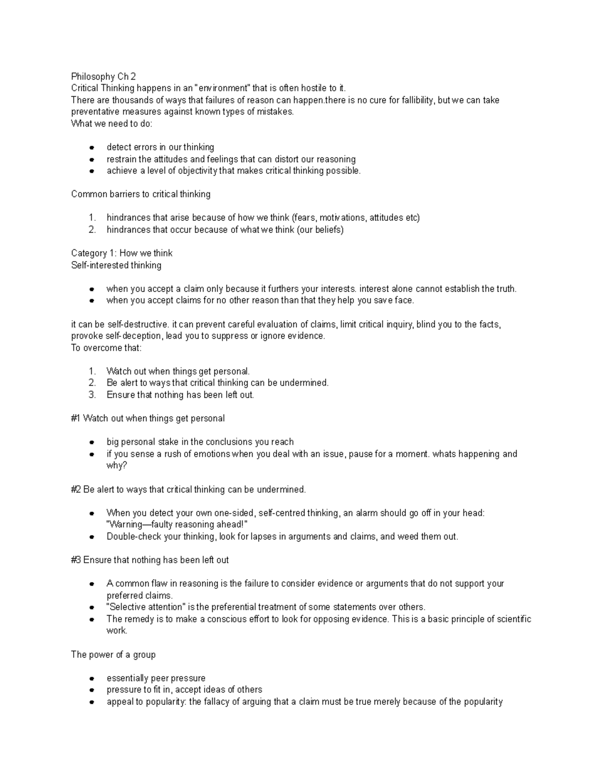 Phi 1101 chapter 2 notes - Philosophy Ch 2 Critical Thinking happens in ...